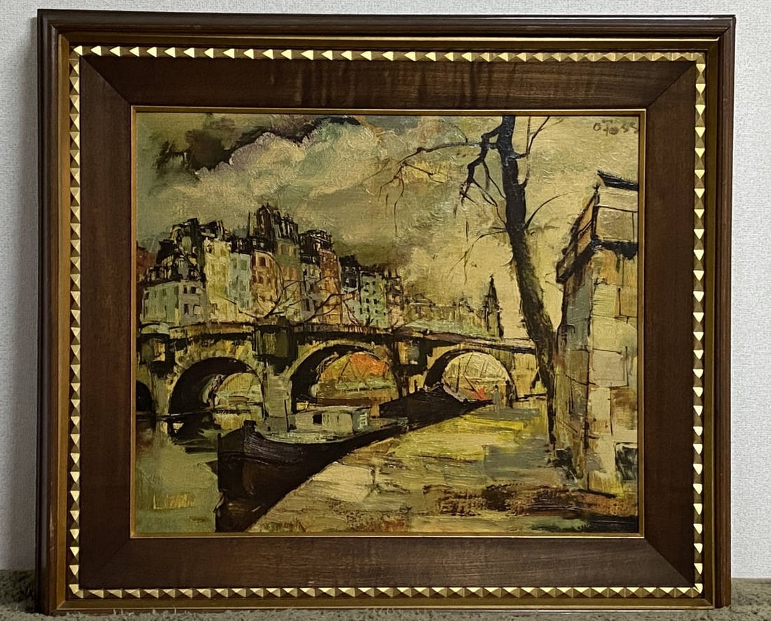 Oliver Foss The Bridge Original Oil Painting Signed c.1950s Paris Landscape (1 of 10)