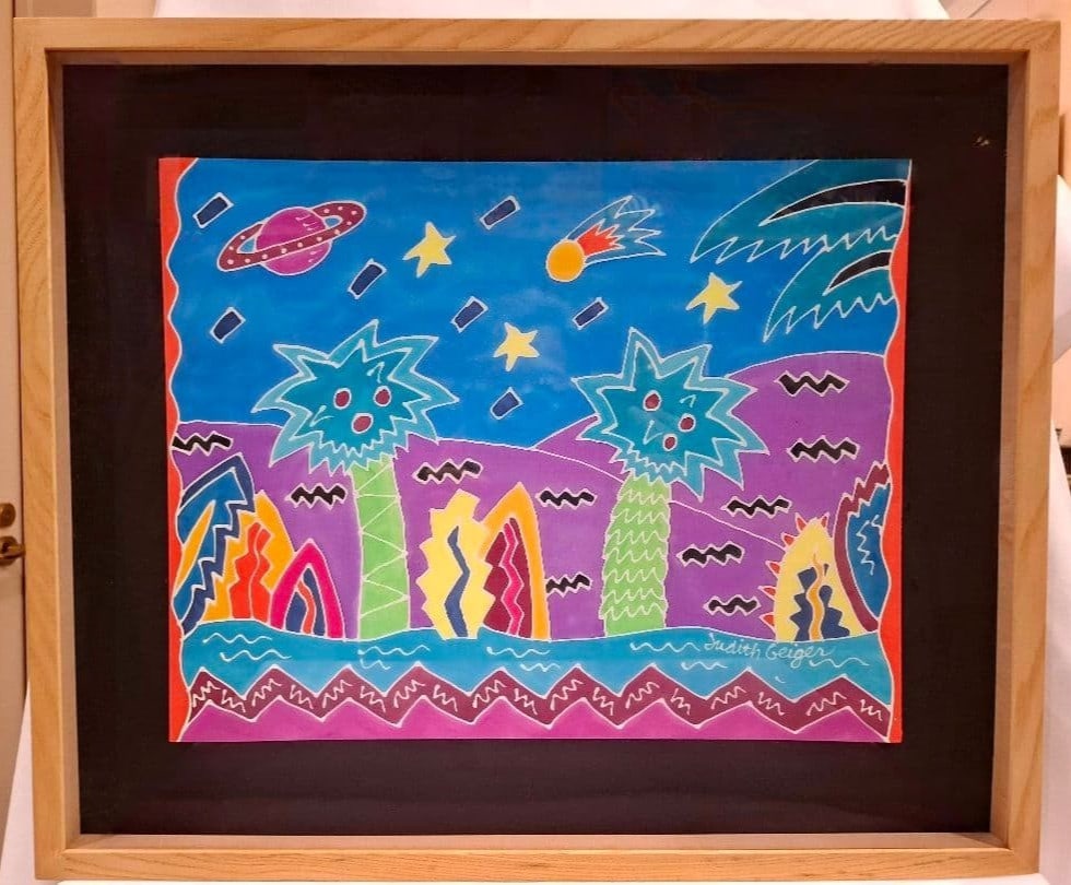 Judith Geiger Two Palms Silkscreen Textile Art Signed Framed: Judith Geiger Two Palms Silkscreen Textile Art Signed Framed Item Specifics: Artist: Judith Geiger Unit Of Sale: Single Piece Signed By: Judith Geiger Size: Medium Signed: Yes Material: Acrylic Fabric
