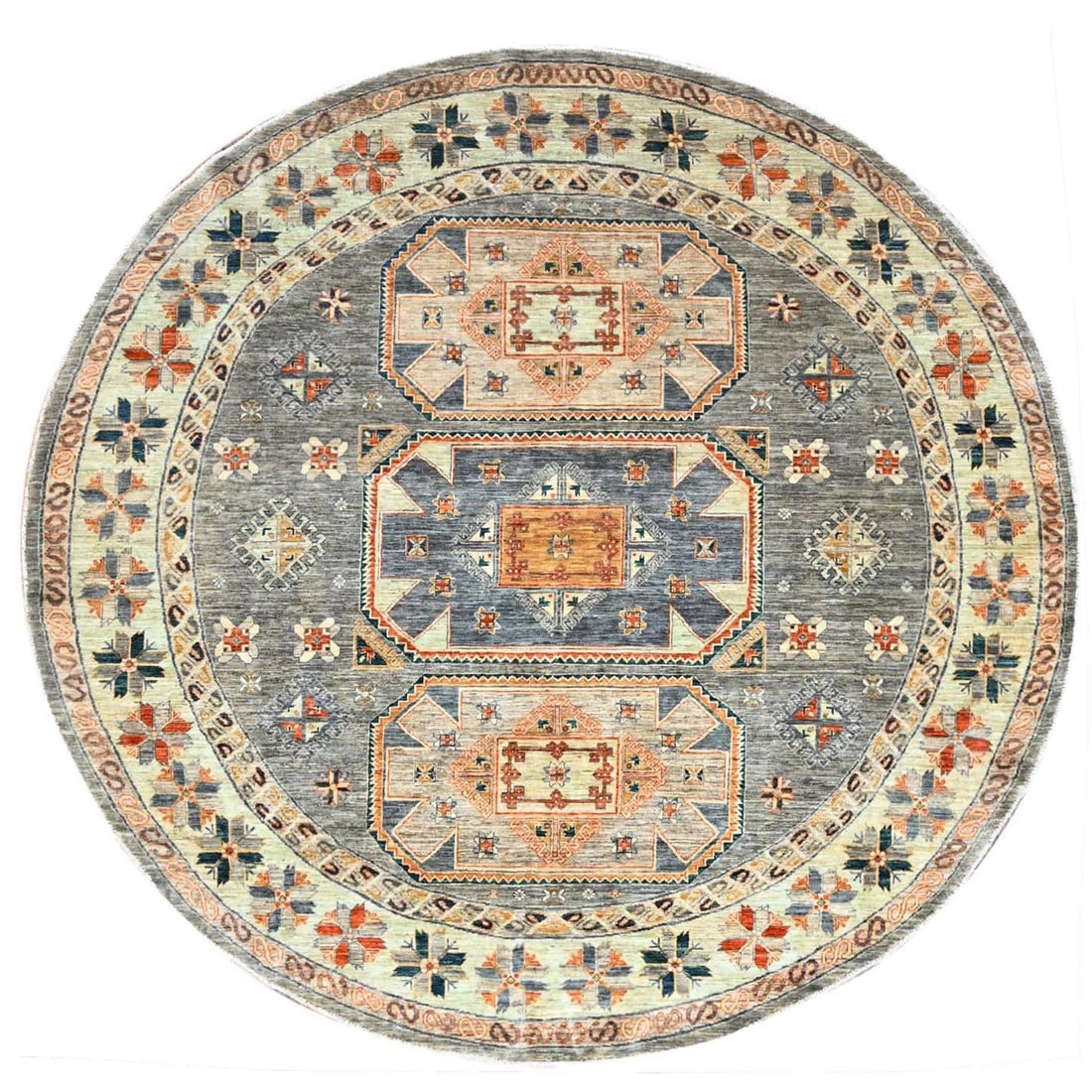 8'x8' Seared Gray Extra Soft Wool Caucasian Design Round Oriental Rug: 8'x8' Seared Gray Extra Soft Wool Caucasian Design Round Oriental Rug 8'x8' Seared Gray Extra Soft Wool Caucasian Design Round Oriental Rug - A stunning 8x8' round rug with a beautiful seared gray col