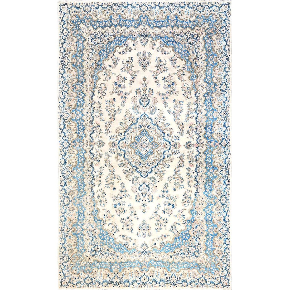 10'1"x16'9" Ivory Vintage Zoroastrian Karman Wool Hand Knotted XL Rug: 10'1"x16'9" Ivory Vintage Zoroastrian Karman Wool Hand Knotted XL Rug 10'1"x16'9" Ivory Vintage Zoroastrian Karman Wool Hand Knotted XL Rug boasts a stunning medallion pattern in ivory, pink, brown, n