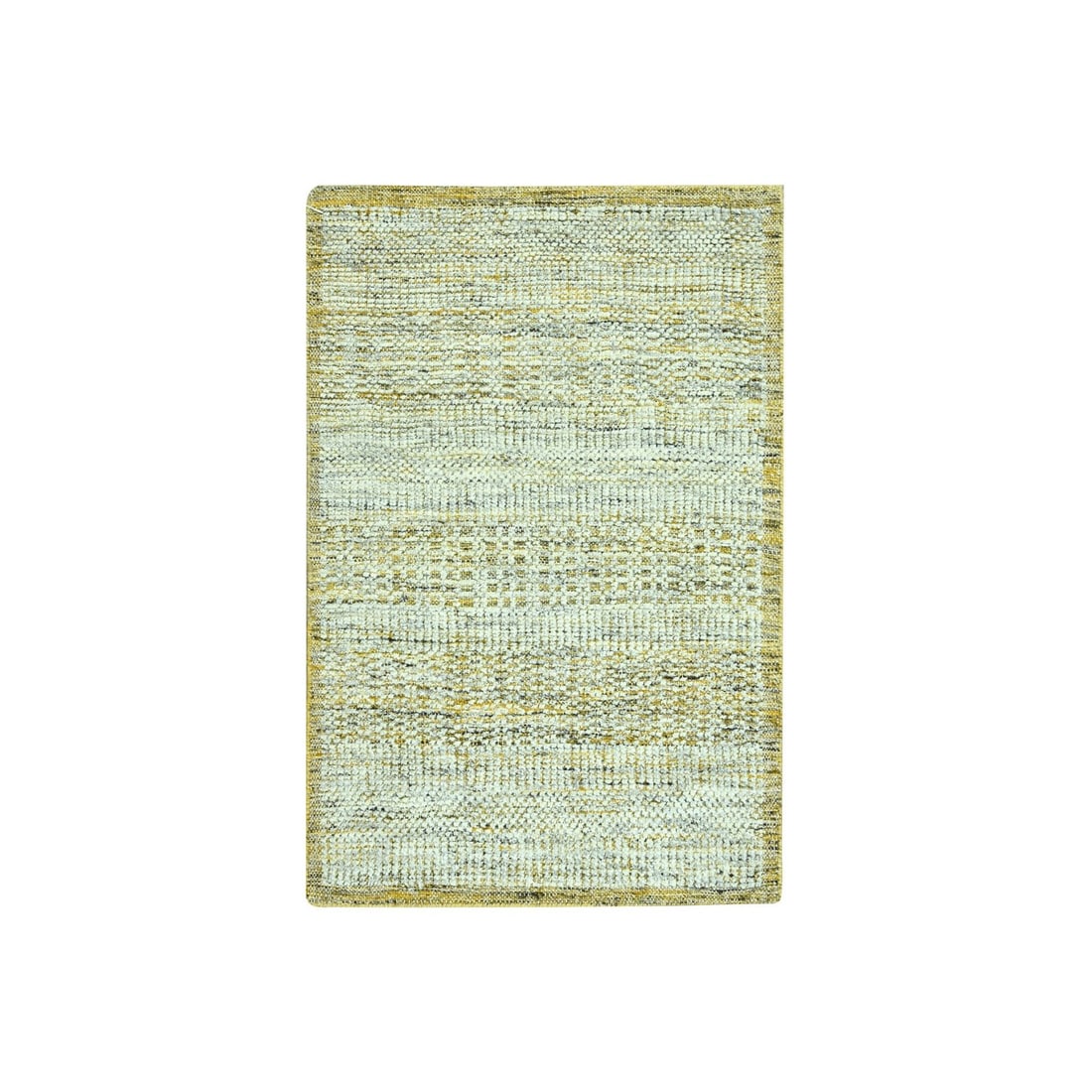 Hand Knotted Rug 2'x3' Yellow Wool Oxidized and Distressed Grass Design: Hand Knotted Rug 2'x3' Yellow Wool Oxidized and Distressed Grass Design Hand-knotted in vibrant yellow wool, this 2'x3' rug boasts a striking oxidized and distressed grass design that adds a touch of 