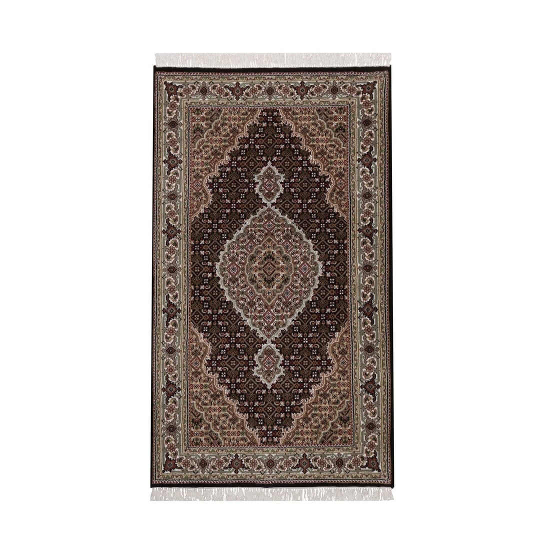 3'x5'2" Black Hand Knotted Tebraz Mahi with Medallion Design Pure Wool Rug: 3'x5'2" Black Hand Knotted Tebraz Mahi with Medallion Design Pure Wool Rug The 3'x5'2" Black Hand Knotted Tebraz Mahi with Medallion Design Pure Wool Rug is a stunning piece of Oriental-inspired craft