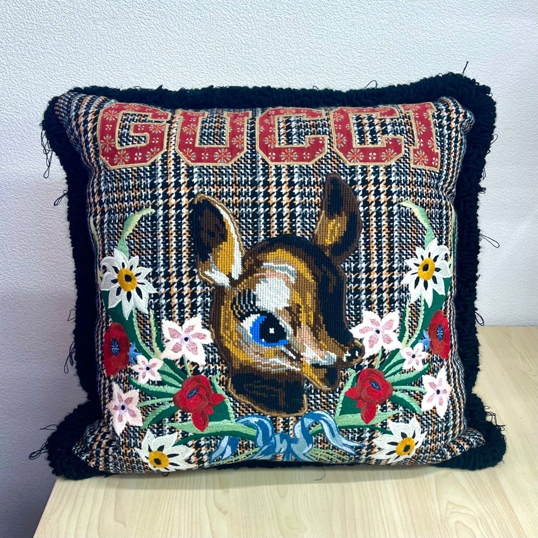Bambi Cushion Embroidered Check Home Animal Black 19.7in GUCCI (1 of 10)