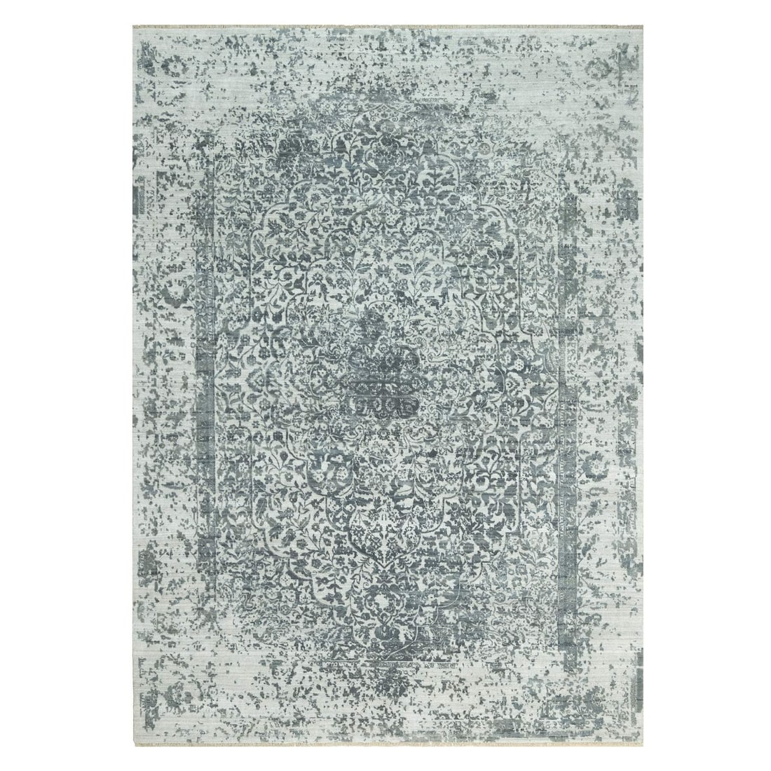 10'x14'1" Stonington Gray Hand Knotted Wool Silk Zoroastrian Design Rug: 10'x14'1" Stonington Gray Hand Knotted Wool Silk Zoroastrian Design Rug The 10'x14'1" Stonington Gray Hand Knotted Wool Silk Zoroastrian Design Rug is a stunning example of traditional craftsmanship, 