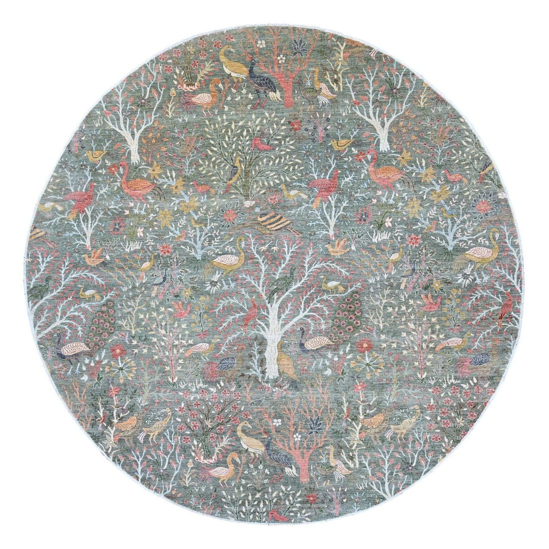 Green Hand Knotted Wool Round Paradise Birds of Peshawar Design 12'2"12'2: Green Hand Knotted Wool Round Paradise Birds of Peshawar Design 12'2"12'2 Hand-knotted in wool, this stunning Green Peshawar design rug boasts a vibrant green field with intricate animal print pattern