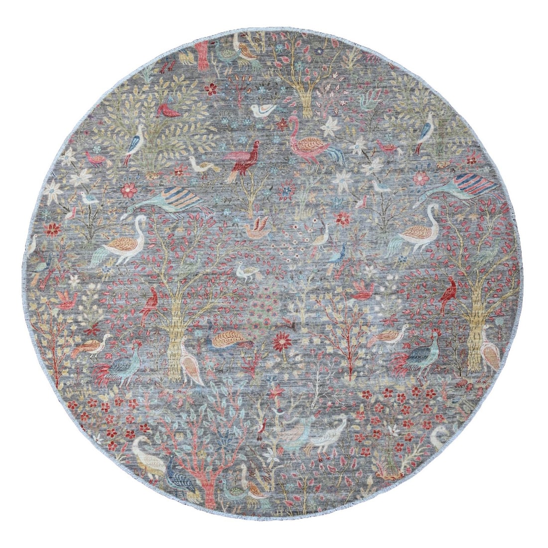 Afghan Peshawar Round Rug Gray Hand Knotted Wool Birds Design 9'9"x9'9: Afghan Peshawar Round Rug Gray Hand Knotted Wool Birds Design 9'9"x9'9 The Afghan Peshawar Round Rug boasts a stunning grey hand-knotted wool design featuring birds, adding a touch of elegance to any 