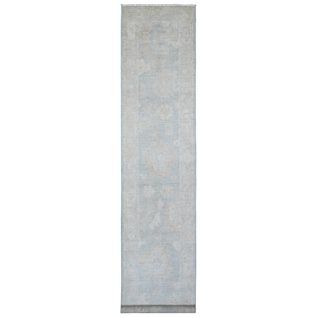 Oushak Leaf Gray Hand Knotted Wool 3'1"x15'6" Runner Rug: Oushak Leaf Gray Hand Knotted Wool 3'1"x15'6" Runner Rug Oushak Leaf Gray Hand Knotted Wool 3'1"x15'6" Runner Rug is a stunning piece of traditional Afghan craftsmanship, boasting a rich grey field wi