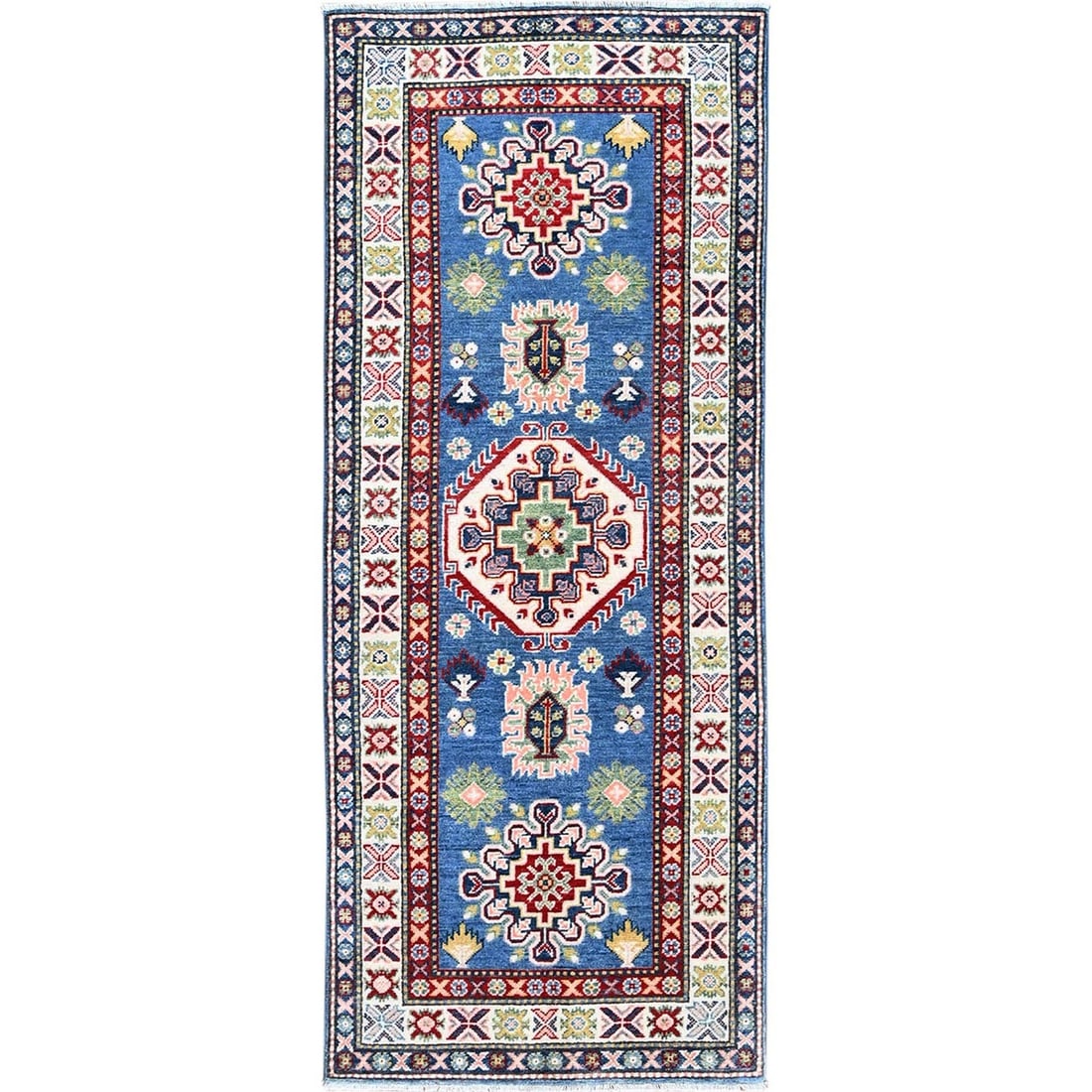 2'7"x6'7" Blue Kazak with Tribal Design Hand Knotted Soft Wool Runner Rug: 2'7"x6'7" Blue Kazak with Tribal Design Hand Knotted Soft Wool Runner Rug Soft and vibrant, this 2'7"x6'7" Blue Kazak with Tribal Design Hand Knotted Soft Wool Runner Rug boasts a stunning geometric p