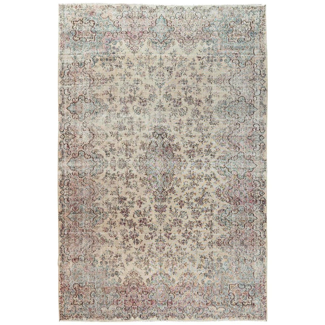 10'6"x16'4" Ivory Vintage Zoroastrian Karman Hand Knotted Pure Wool Rug: 10'6"x16'4" Ivory Vintage Zoroastrian Karman Hand Knotted Pure Wool Rug Hand-knotted in pure wool, this 10'6"x16'4" Ivory Zoroastrian Karman rug boasts an all-over regional design characteristic of Or