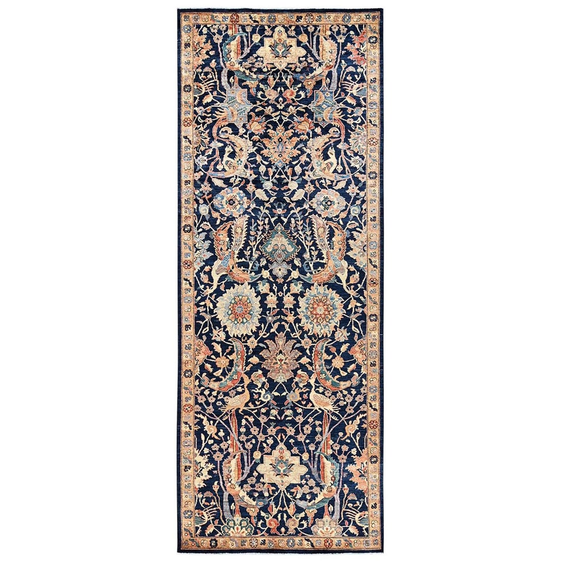Midnight Blue All Over Design Soft Wool Hand Knotted Runner Rug 5'1"x14: Midnight Blue All Over Design Soft Wool Hand Knotted Runner Rug 5'1"x14 Softly glowing under the light, this Midnight Blue All Over Design Soft Wool Hand Knotted Runner Rug boasts an all-over design i