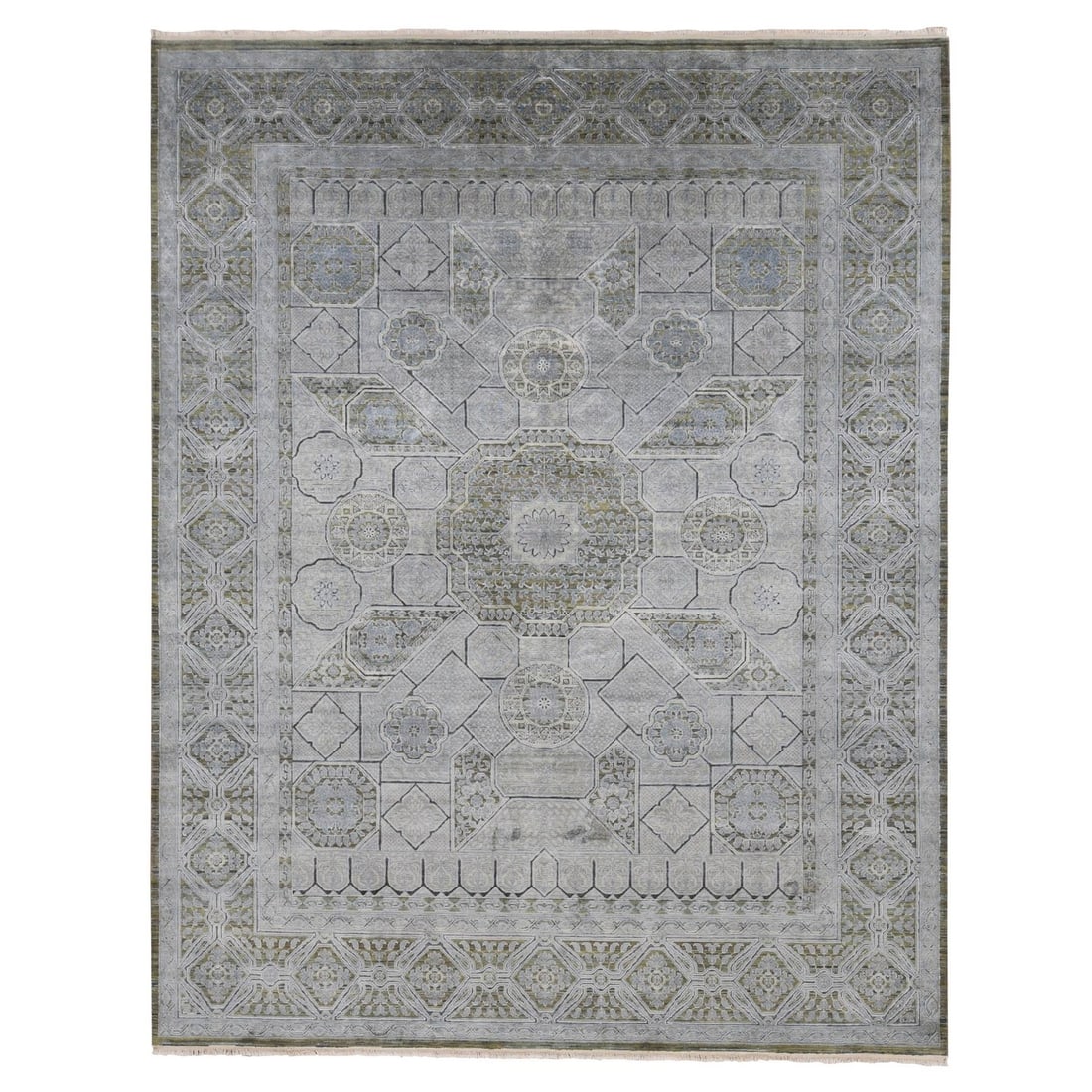 Cadet Gray Silk with Wool Mamluk Design Hand Knotted Rug 9'x11'7: Cadet Gray Silk with Wool Mamluk Design Hand Knotted Rug 9'x11'7 Silk and wool come together in a stunning Mamluk design, creating a unique and eye-catching rug. Hand-knotted with exceptional craftsma
