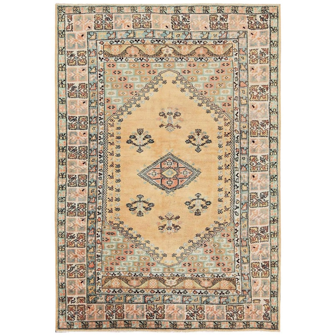 6'1"x8'8" Beige Vintage Zoroastrian Berghama Hand Knotted Pure Wool Rug: 6'1"x8'8" Beige Vintage Zoroastrian Berghama Hand Knotted Pure Wool Rug Hand-knotted in pure wool, this stunning 6'1"x8'8" beige Zoroastrian Berghama rug boasts a classic geometric design, characteris