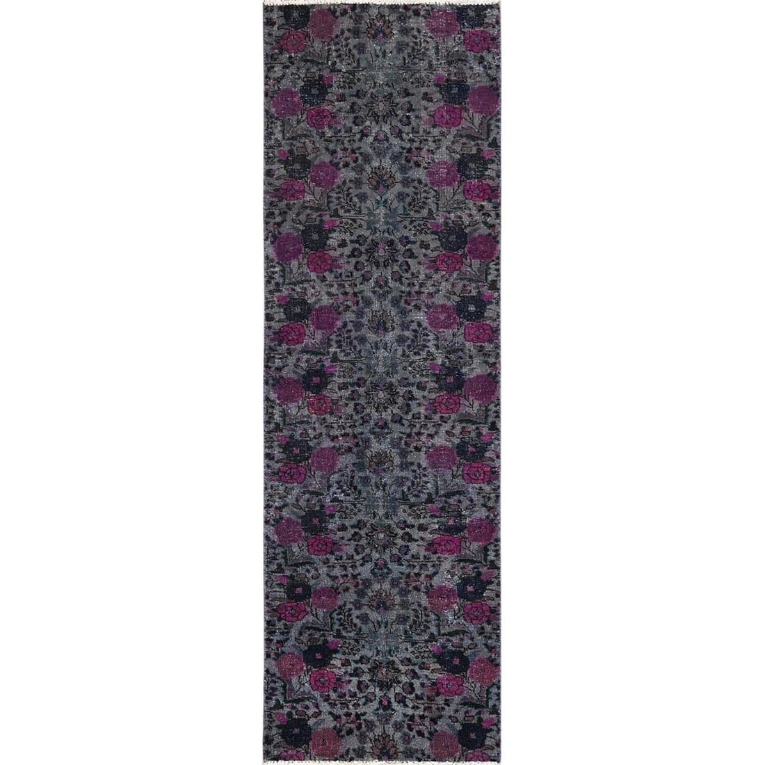 2'5"x8' Purple Vintage Zoroastrian Flower Design Hand Knotted Wool Runner: 2'5"x8' Purple Vintage Zoroastrian Flower Design Hand Knotted Wool Runner This 2'5"x8' Purple Vintage Zoroastrian Flower Design Hand Knotted Wool Runner is a stunning piece of handmade craftsmanship. 