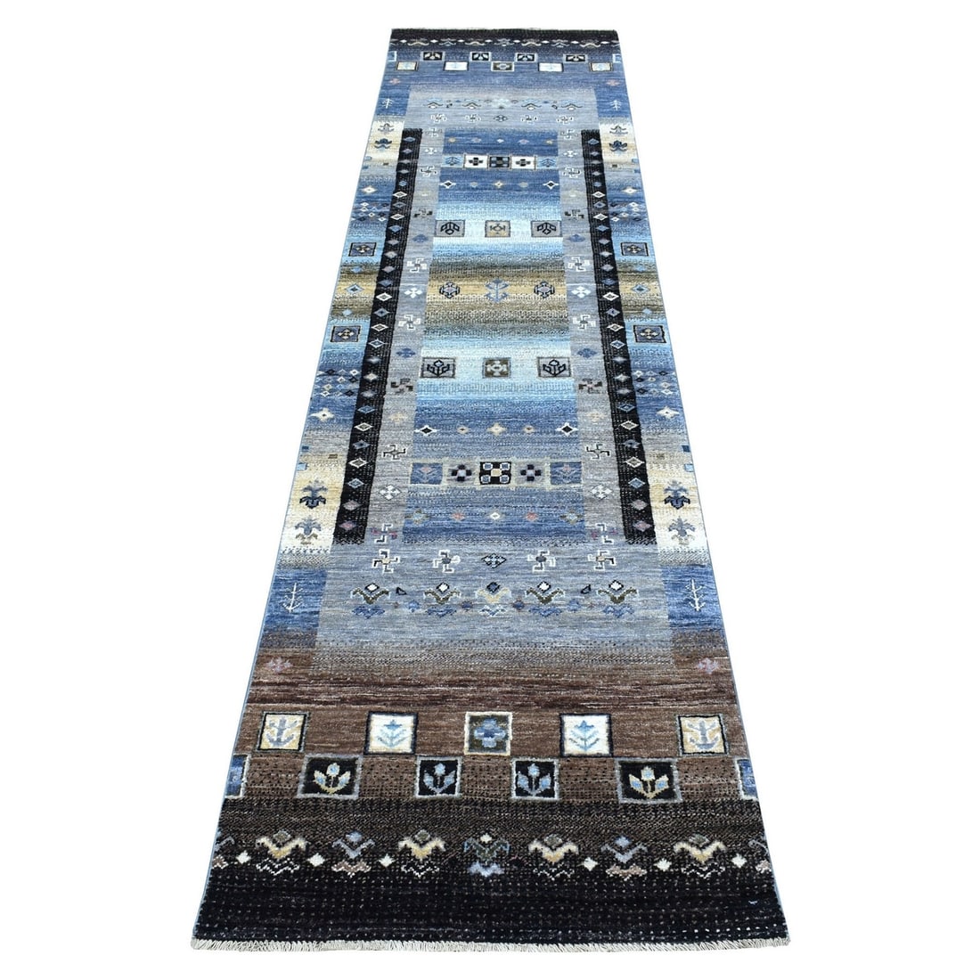 2'4"x9'9" Hand Knotted Kashkuli Gabbeh Pictorial Design Wool Runner Rug: 2'4"x9'9" Hand Knotted Kashkuli Gabbeh Pictorial Design Wool Runner Rug The 2'4"x9'9" Hand Knotted Kashkuli Gabbeh Pictorial Design Wool Runner Rug boasts a stunning Oriental regional design, characte