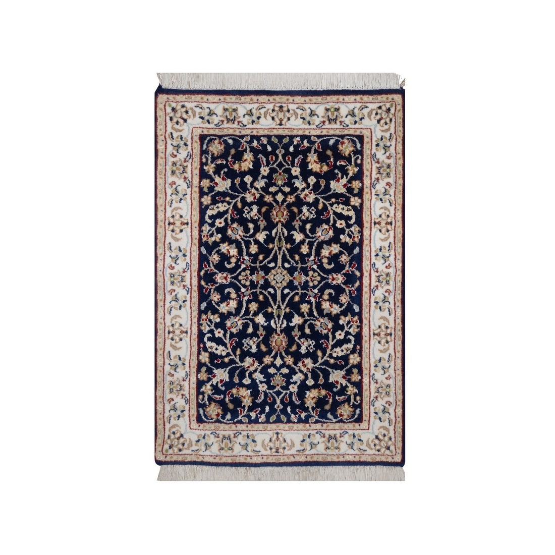 2'1"x3'3" Midnight Blue Nain with Flower Design Wool & Silk Hand Knotted Mat: 2'1"x3'3" Midnight Blue Nain with Flower Design Wool & Silk Hand Knotted Mat Midnight Blue Nain with Flower Design features a stunning all-over regional design in a rich blue field, surrounded by intr