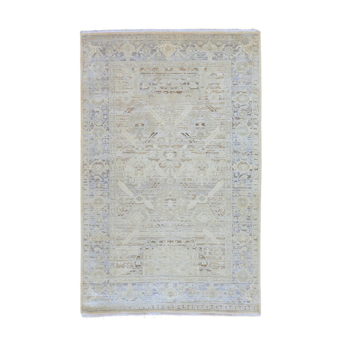 6'x9'5" Ivory Oushak with Geometric Motif Hand Knotted Silk & Textured Wool: 6'x9'5" Ivory Oushak with Geometric Motif Hand Knotted Silk & Textured Wool The 6'0" x 9'5" Ivory Oushak features a striking geometric motif hand-knotted in wool and silk, creating a unique and textur
