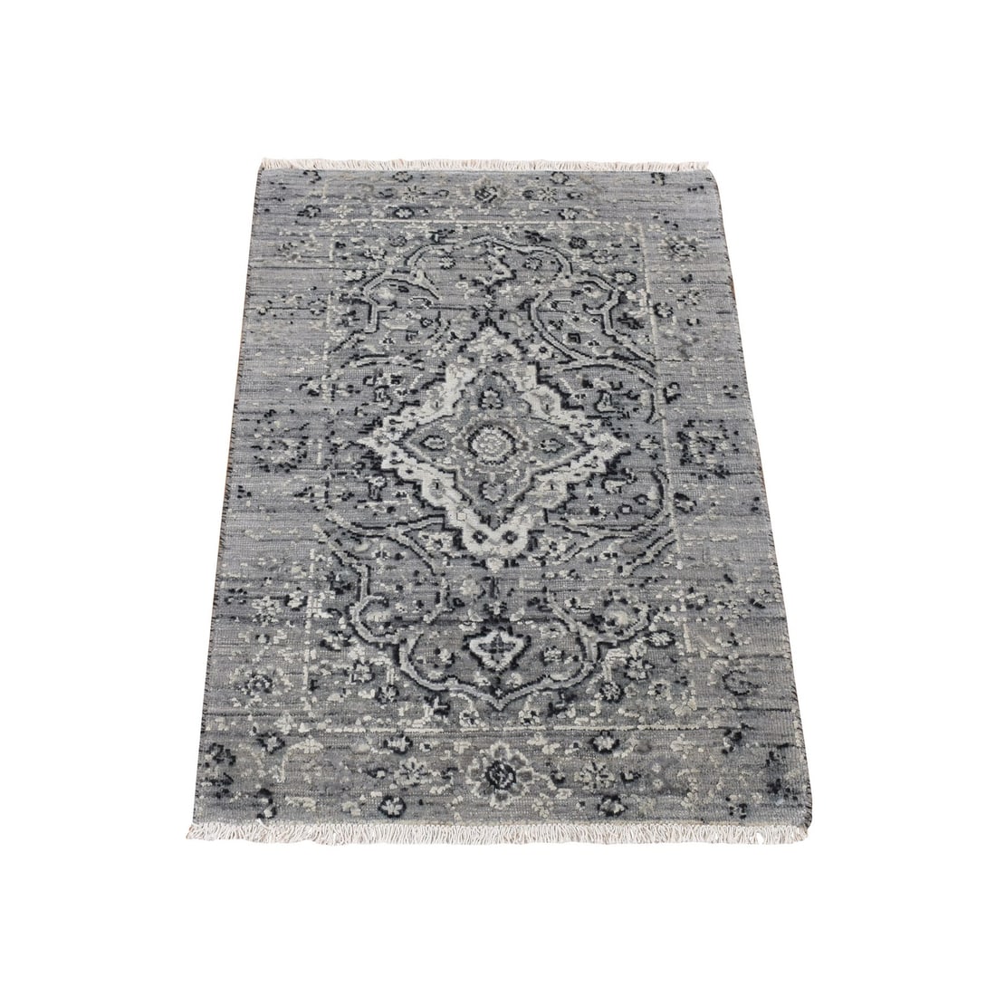2'1"x3'1" Gray Zoroastrian Design Silk with Wool Hand Knotted Mat Rug: 2'1"x3'1" Gray Zoroastrian Design Silk with Wool Hand Knotted Mat Rug This stunning 2'1"x3'1" Gray Zoroastrian design silk and wool hand-knotted mat rug boasts a rich, intricate pattern and a beautifu