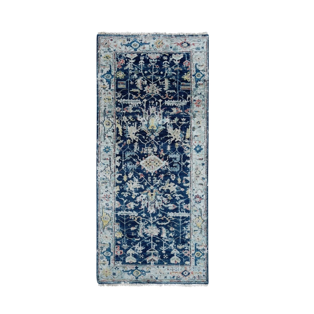 2'7"x5'9" Blue Erased Heris All Over Design Hand Knotted Wool Runner Rug: 2'7"x5'9" Blue Erased Heris All Over Design Hand Knotted Wool Runner Rug Hand-knotted wool runner rug with an all-over design in a striking blue color, measuring 2'7" x 5'9" and featuring a subtle gra