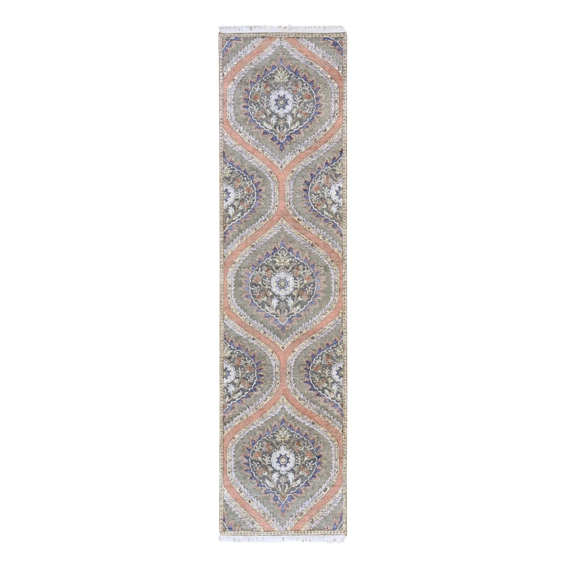 2'6"x10' Gray Real Silk with Textured Wool Mughal Design Hand Knotted Runner: 2'6"x10' Gray Real Silk with Textured Wool Mughal Design Hand Knotted Runner The 2'6"x10' Gray Real Silk with Textured Wool Mughal Design Hand Knotted Runner boasts a stunning geometric pattern in a r
