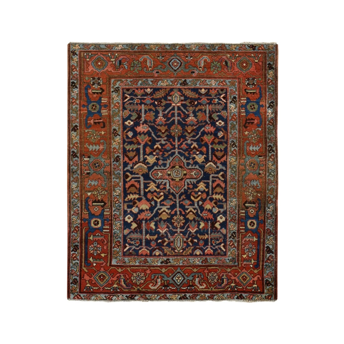 4'6"x5'6" Blue Antique Zoroastrian Heris Wide Serapi Borders Oriental Rug: 4'6"x5'6" Blue Antique Zoroastrian Heris Wide Serapi Borders Oriental Rug Blue Antique Zoroastrian Heris Wide Serapi Borders Oriental Rug measures 4'6" x 5'6" and is made of 100% wool. The rug feature