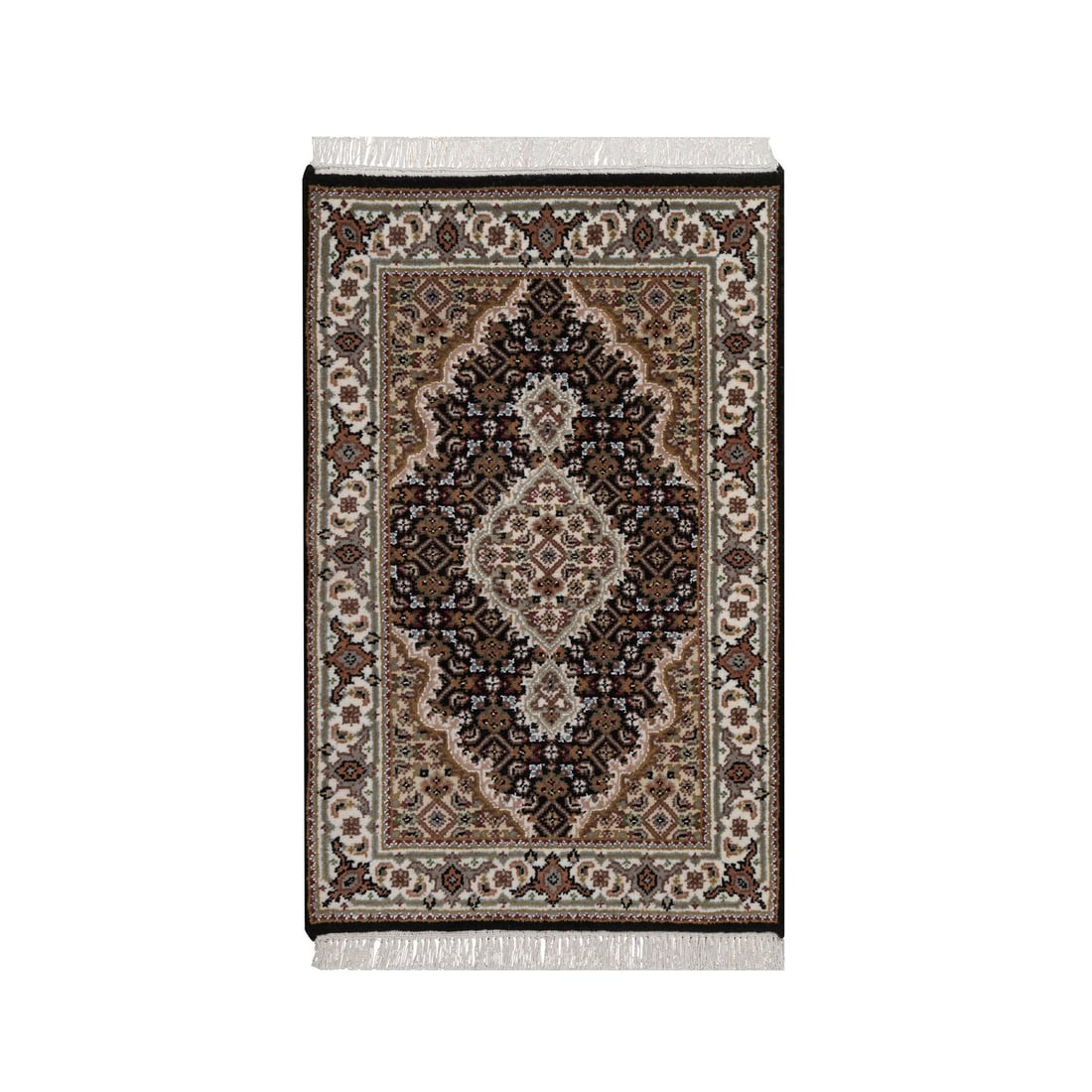 2'x3' Black Tebraz Mahi with Fish Medallion Design Hand Knotted Wool Mat: 2'x3' Black Tebraz Mahi with Fish Medallion Design Hand Knotted Wool Mat Black Tebraz Mahi with Fish Medallion Design Hand Knotted Wool Mat is a stunning 2'x3' rectangular field rug featuring a medall