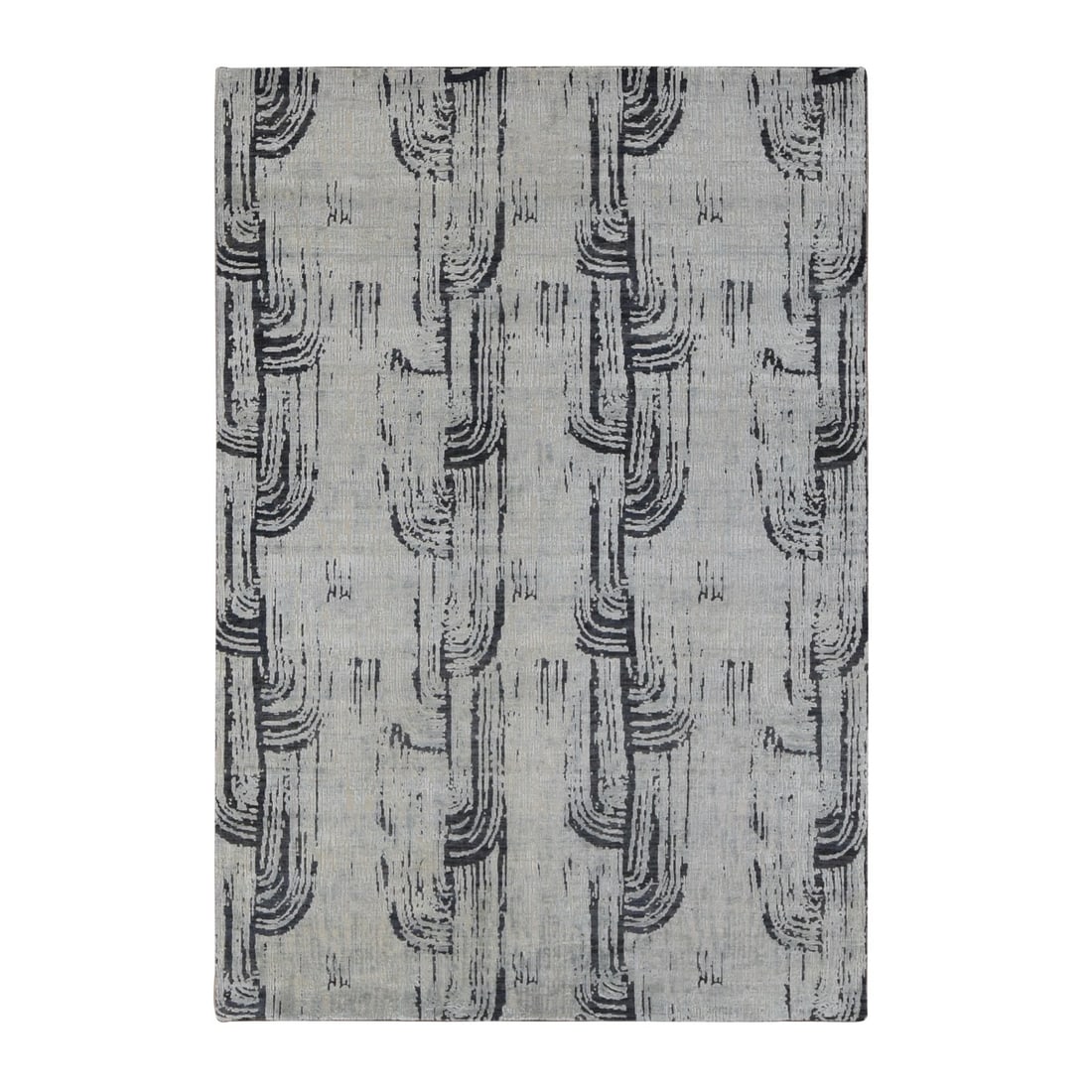 6'x9' Cloud Gray THE CANE Pure Silk with Textured Wool Hand Knotted Rug: 6'x9' Cloud Gray THE CANE Pure Silk with Textured Wool Hand Knotted Rug Cloud Gray THE CANE Pure Silk with Textured Wool Hand Knotted Rug is a stunning 6'x9' rectangular field rug featuring an elegant