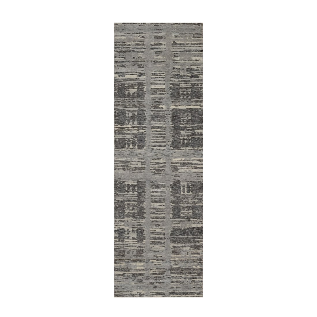 2'6"x8' Gray Runner Rug Modern Erased Design Hand Knotted Natural Wool: 2'6"x8' Gray Runner Rug Modern Erased Design Hand Knotted Natural Wool Hand-knotted in natural wool, this 2'6"x8' modern runner rug boasts a striking geometric design in a soothing gray color. With a 