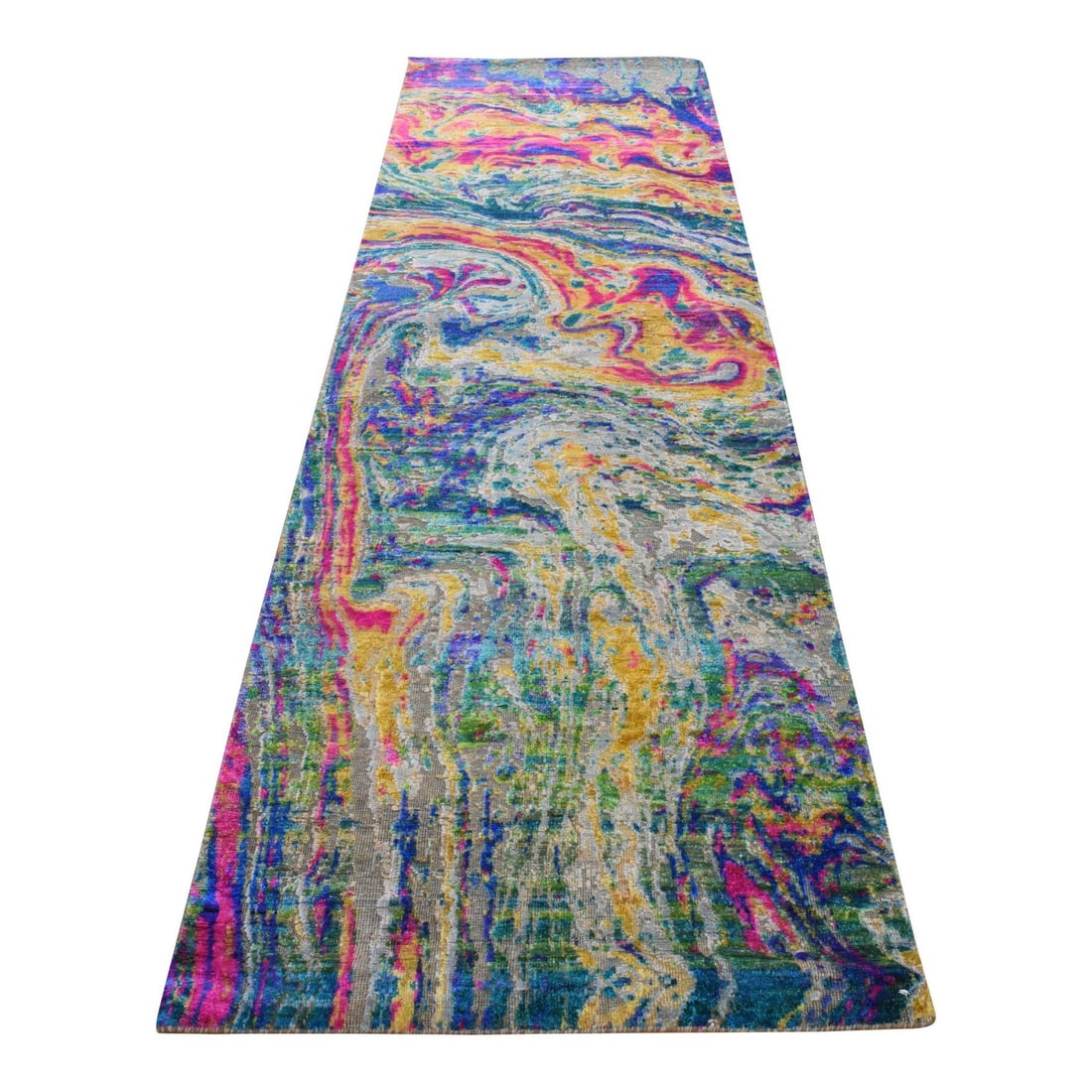 3'x10' Colorful THE LAVA DESIGN Hand Knotted Silk with Textured Wool Runner: 3'x10' Colorful THE LAVA DESIGN Hand Knotted Silk with Textured Wool Runner Hand-knotted in vibrant colors, this 3'x10' abstract Oriental design rug boasts a unique blend of wool and silk. The texture