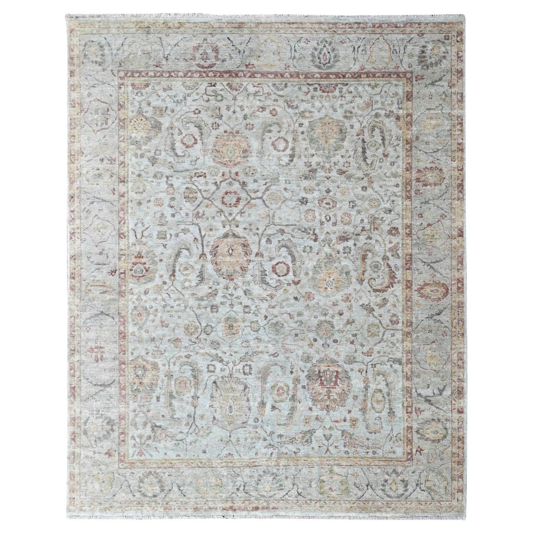 Hand Knotted Oushak Design Pure Wool Rug 9'x12' Light Gray Zero Pile: Hand Knotted Oushak Design Pure Wool Rug 9'x12' Light Gray Zero Pile Hand-knotted in pure wool, this stunning 9'x12' Oushak design rug boasts a light gray zero-pile construction, adding a touch of ele