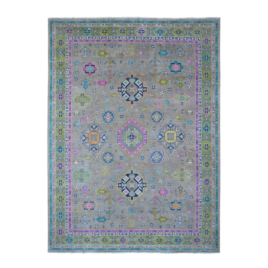 9'9"x13'2" Gray Fusion Kazak Caucasian Design Hand Knotted Pure Wool Rug (1 of 11)