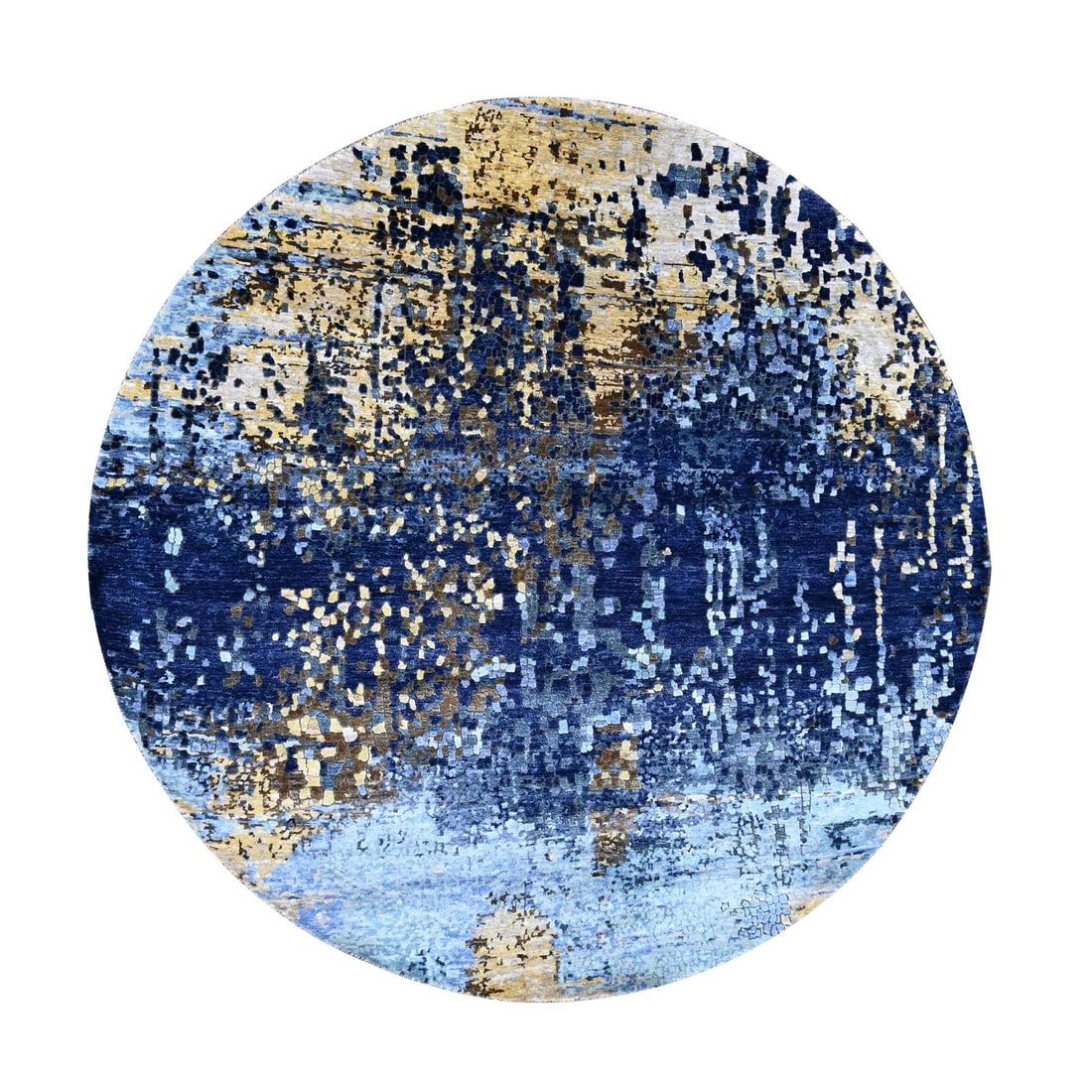Hand Knotted Wool Blue Round Rug Mosaic Design Modern 7'9"x7'9: Hand Knotted Wool Blue Round Rug Mosaic Design Modern 7'9"x7'9 Hand-knotted in wool and silk, this stunning 7'9"x7'9" blue round rug boasts a modern mosaic design that adds a touch of sophistication t