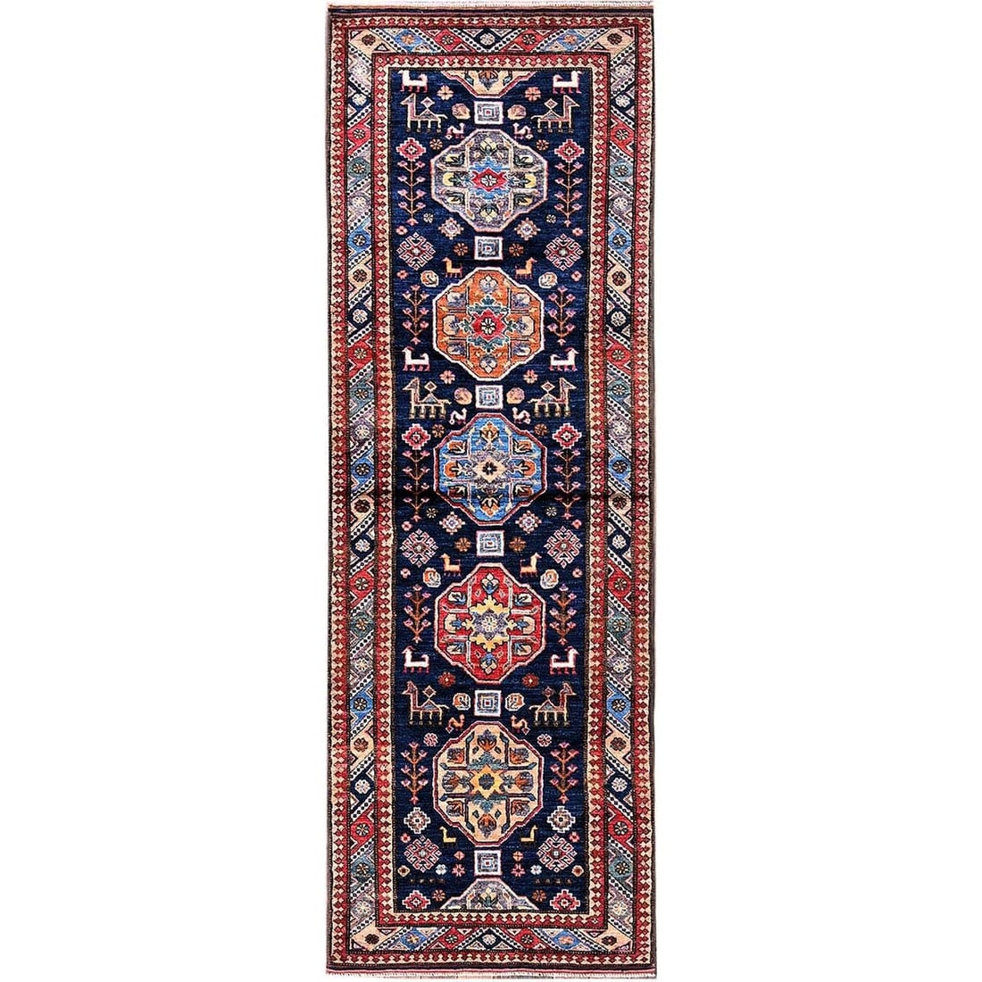 Afghan Wool Runner Rug Blue Caucasian Design Hand Revival Knotted 2'9"x8'4: Afghan Wool Runner Rug Blue Caucasian Design Hand Revival Knotted 2'9"x8'4 Blue Caucasian design hand-knotted wool runner rug with a geometric pattern and multicolor border, measuring 2'9" x 8'4" and 