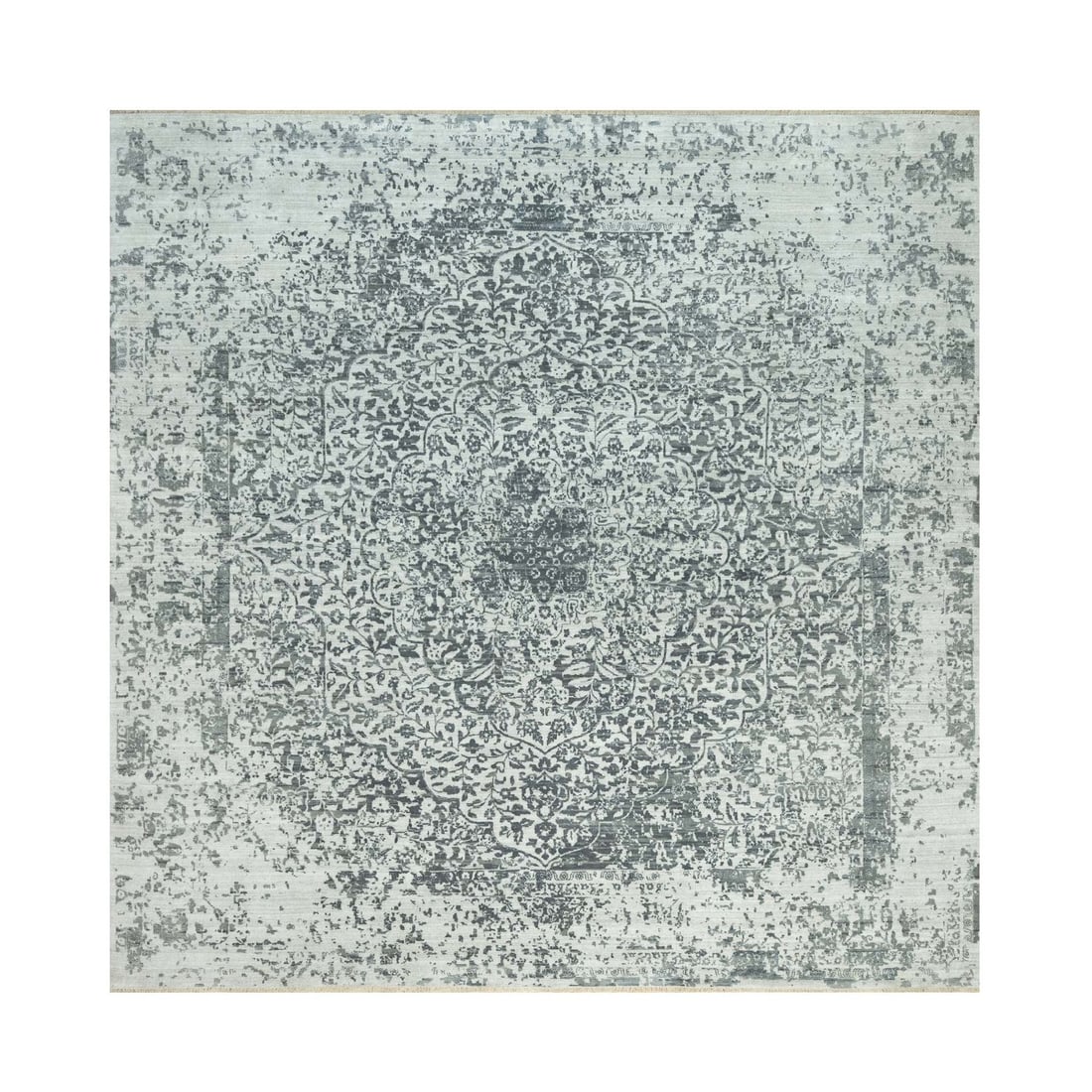 14'x14' Sea Salt Gray Hand Knotted Wool and Silk Zoroastrian Square Rug: 14'x14' Sea Salt Gray Hand Knotted Wool and Silk Zoroastrian Square Rug The 14'x14' Sea Salt Gray Hand Knotted Wool and Silk Zoroastrian Square Rug is a stunning example of traditional craftsmanship, 