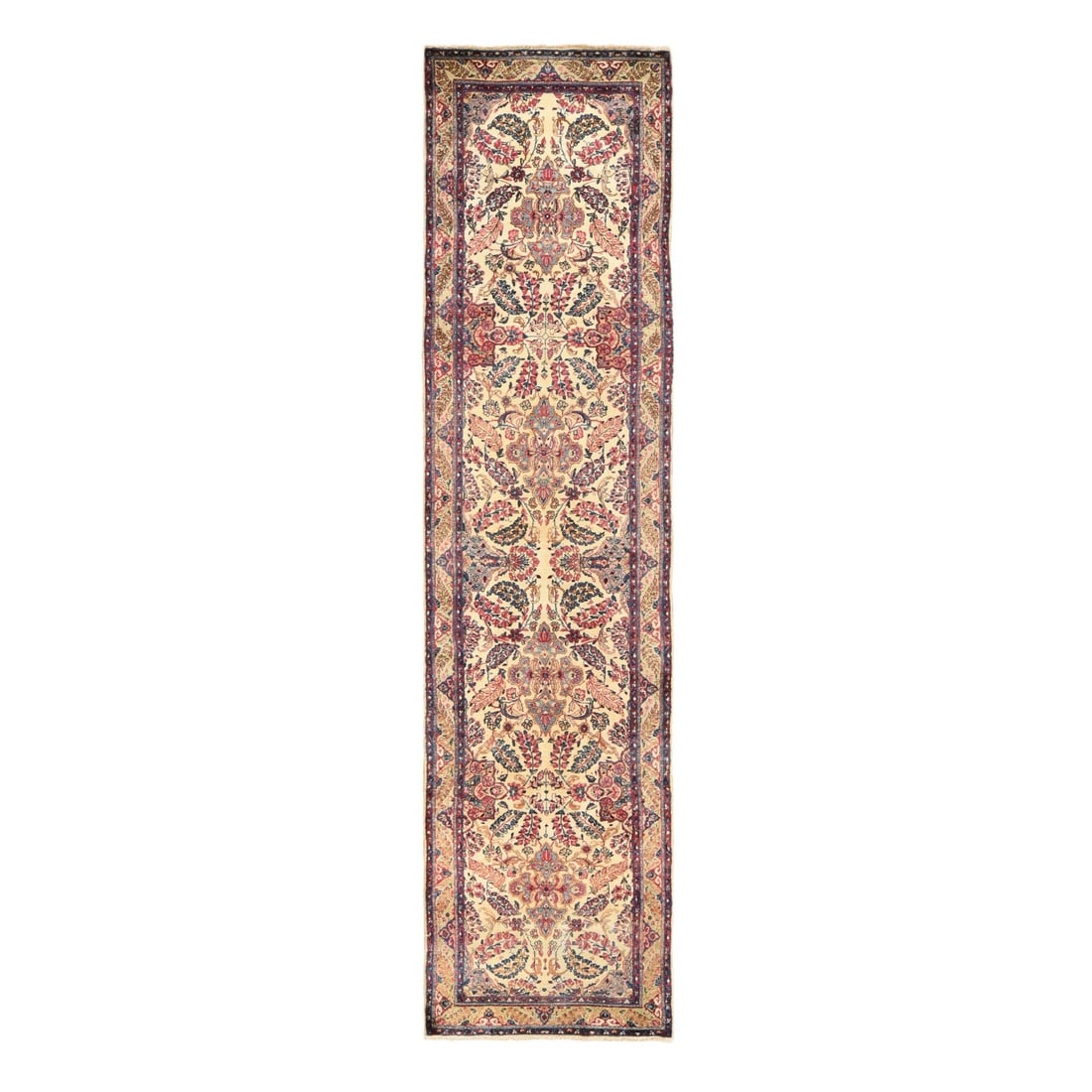 3'x12' Ivory Antique Zoroastrian Karman Wool Runner Rug Hand Knotted: 3'x12' Ivory Antique Zoroastrian Karman Wool Runner Rug Hand Knotted Hand-knotted in wool, this 3'0" x 12'0" Zoroastrian runner rug boasts an all-over regional design in ivory and subtle accents of