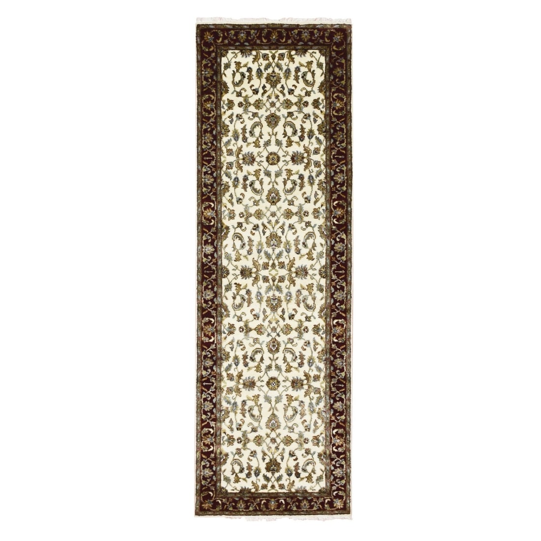 2'7"x8' Ivory Wool and Silk Hand Knotted Rajasthan Design Runner Rug: 2'7"x8' Ivory Wool and Silk Hand Knotted Rajasthan Design Runner Rug Ivory wool and silk hand-knotted in the traditional Rajasthan style, this 2'7"x8' runner rug boasts a stunning field of ivory