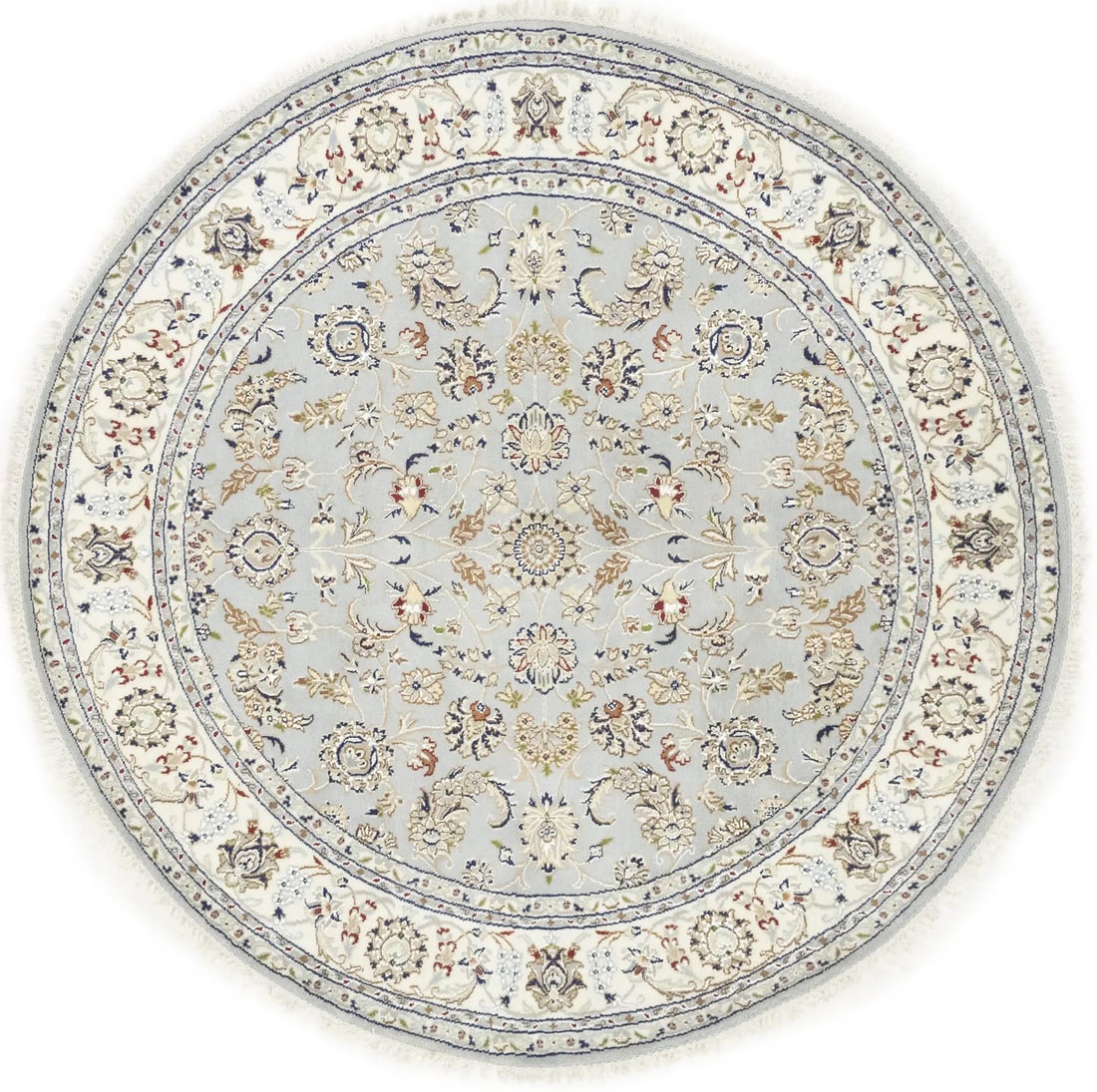 Handmade Round Indo-Nain Wool Rug 6X6 Floral Design Oriental Entryway Carpet Hand-Knotted: Handmade Round Indo-Nain Wool Rug 6X6 Floral Design Oriental Entryway Carpet Hand-Knotted Hand-knotted in wool and silk, this exquisite 6x6 round floral design rug boasts a traditional style with a