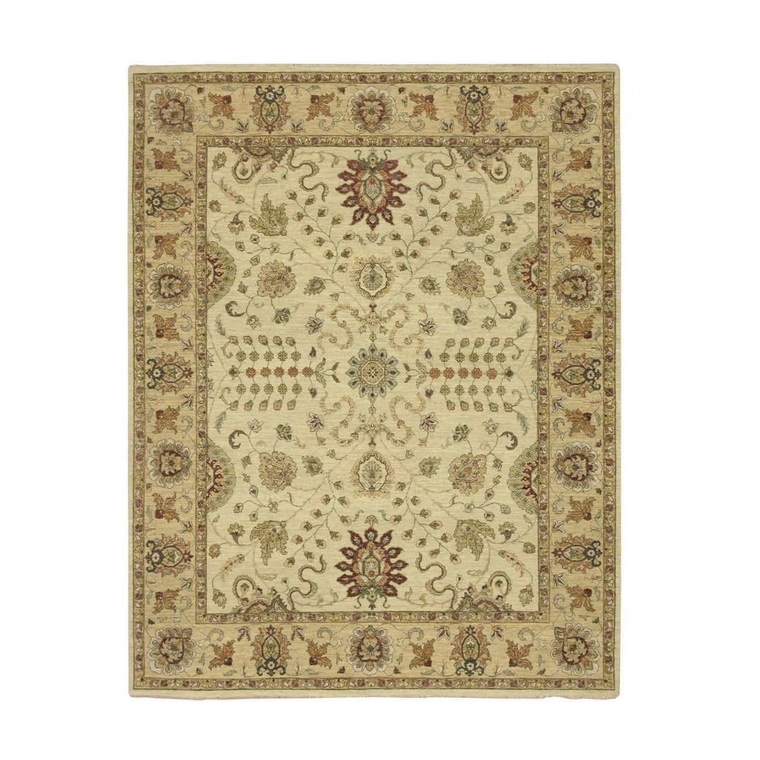 7'3"x9'3" Ivory Hand Knotted Agra Ziegler Design Leaf Pattern Wool Rug: 7'3"x9'3" Ivory Hand Knotted Agra Ziegler Design Leaf Pattern Wool Rug Hand-knotted in ivory wool, this 7'3"x9'3" Agra Ziegler design leaf pattern rug boasts a stunning floral botanical style. The