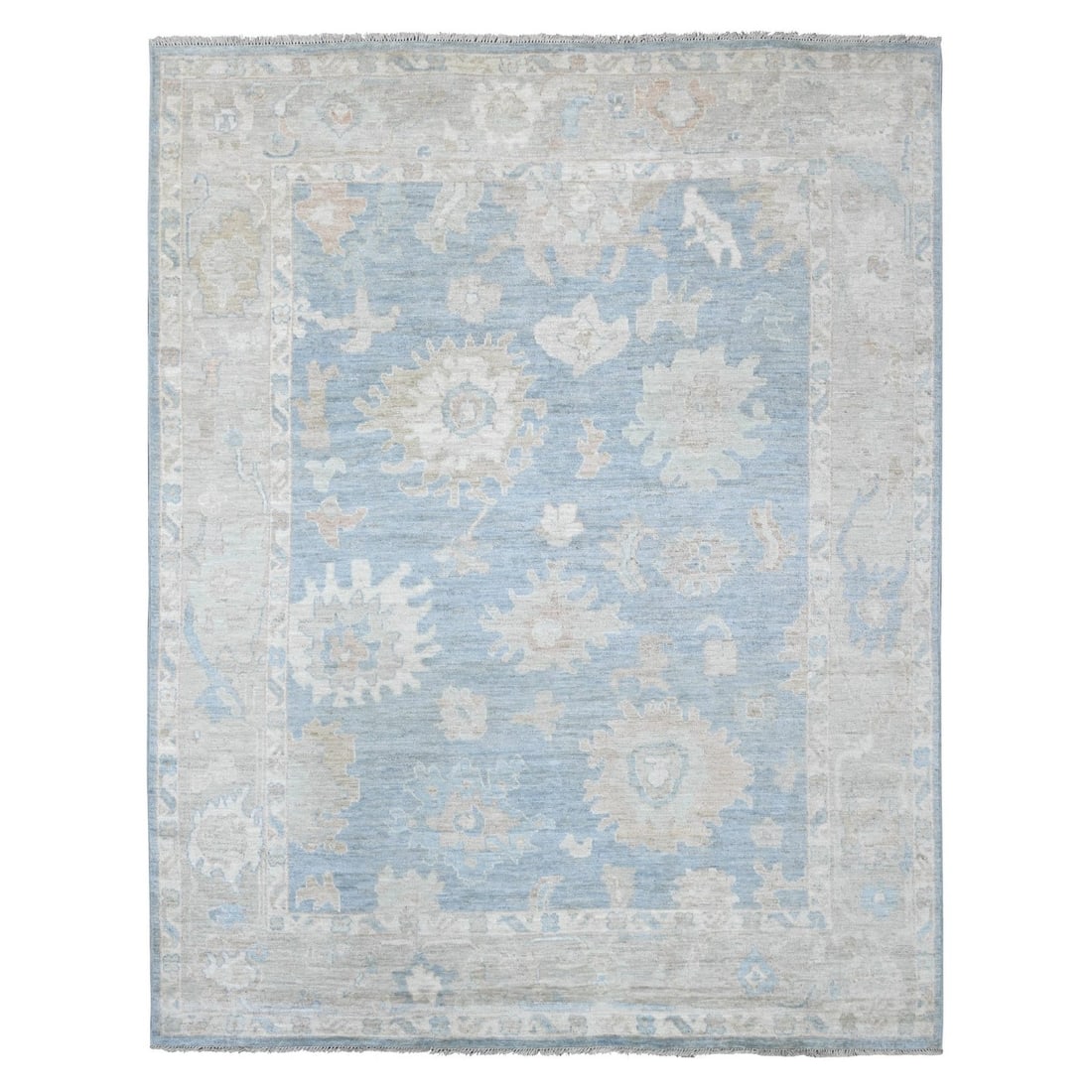 7'6"x9'7" Blue Afghan Angora Oushak Pure Wool Hand Knotted Oriental Rug (1 of 11)