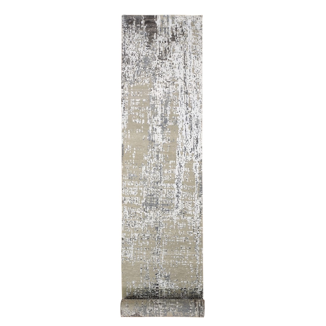 2'6"x12' Wool Runner Abstract Design Denser Weave Handmade Rug: 2'6"x12' Wool Runner Abstract Design Denser Weave Handmade Rug Wool Runner Abstract Design Denser Weave Handmade Rug features a unique oriental style with a grey field color and subtle accents of ivor