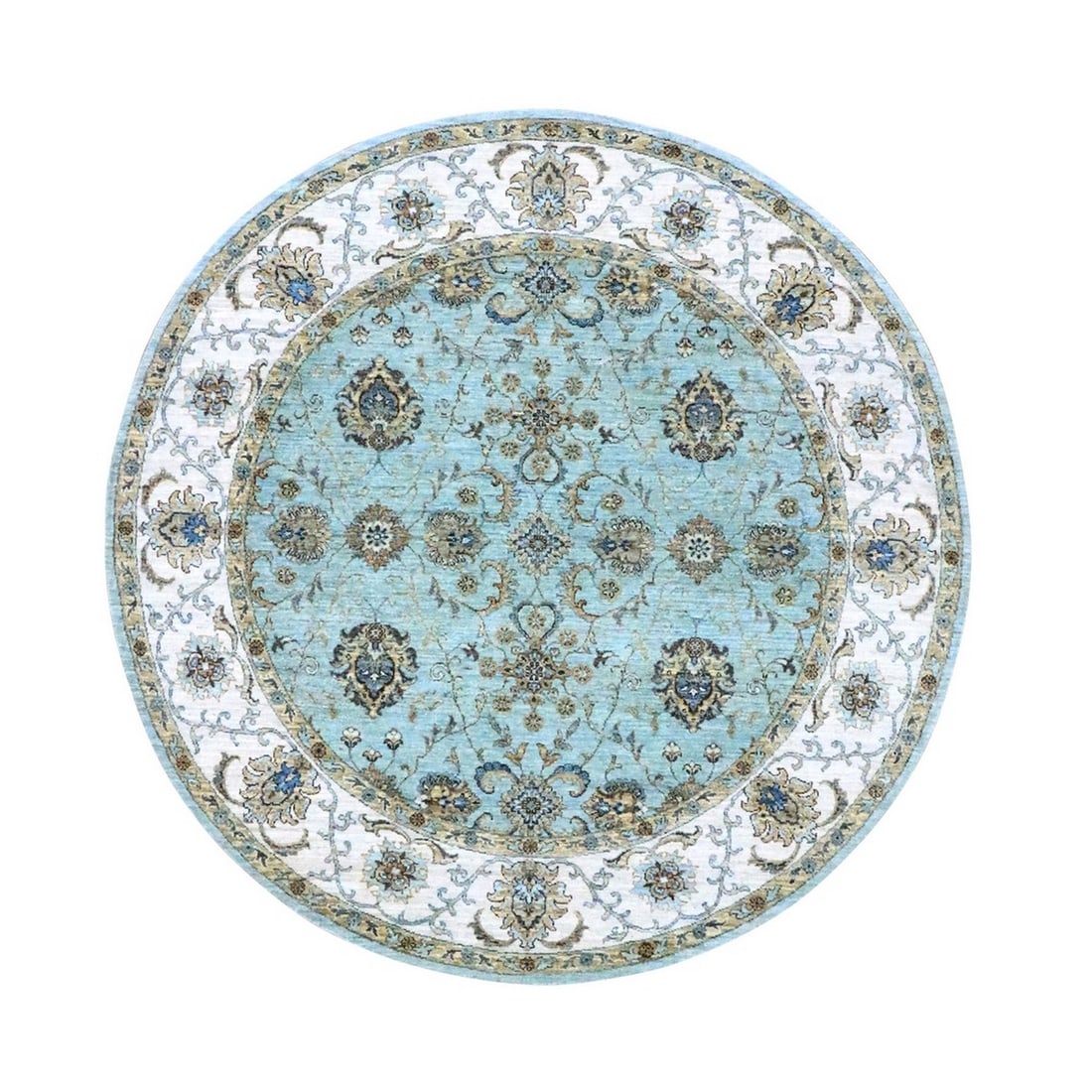 7'x7' Blue Agra Shah Abbas Flower Design Hand Knotted Pure Wool Round Rug: 7'x7' Blue Agra Shah Abbas Flower Design Hand Knotted Pure Wool Round Rug This stunning 7'x7' Blue Agra Shah Abbas Flower Design Hand Knotted Pure Wool Round Rug boasts a vibrant blue hue and intricat