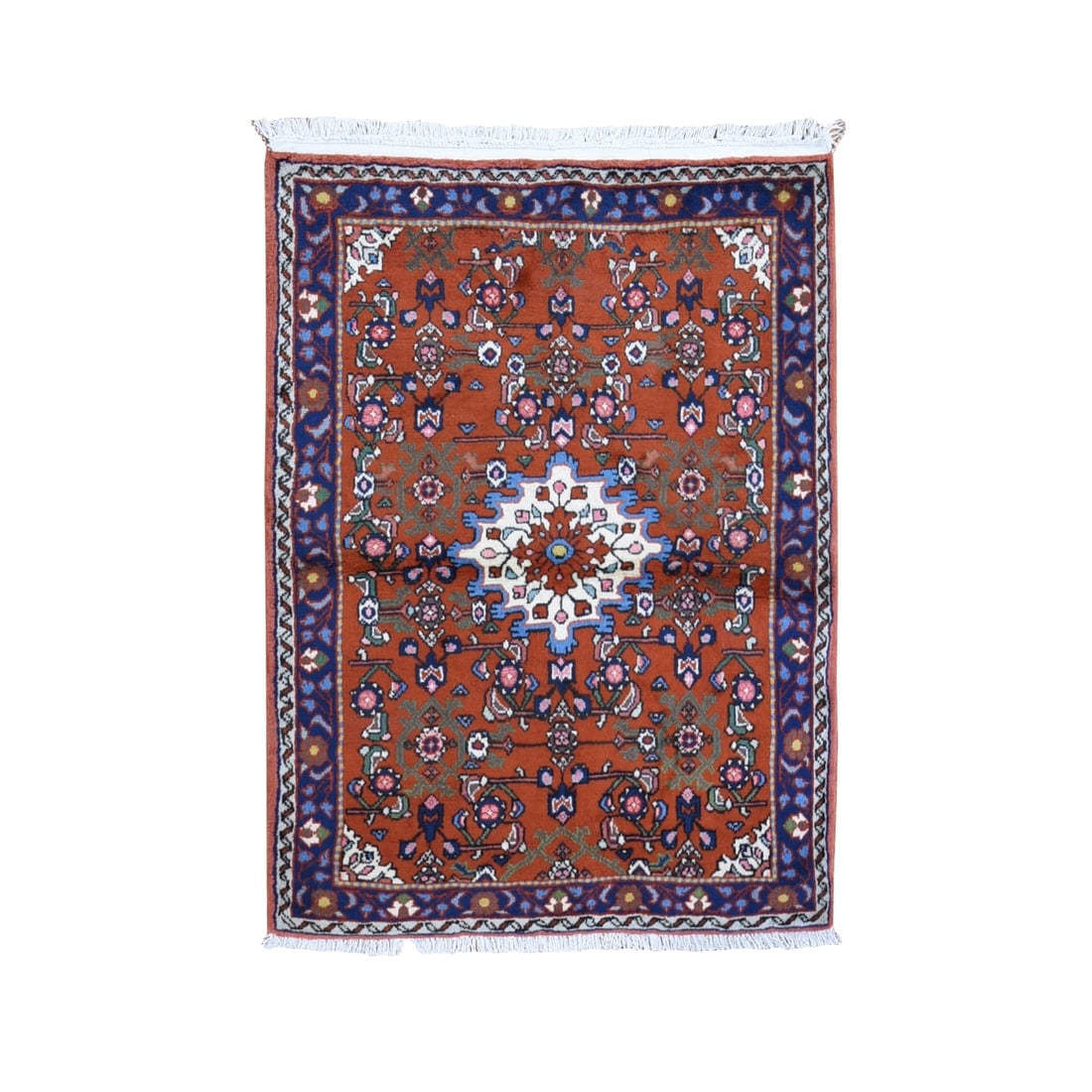 3'3"x4'5" New Farsian Amadan Orange Hand Knotted Pure Wool Oriental Rug: 3'3"x4'5" New Farsian Amadan Orange Hand Knotted Pure Wool Oriental Rug The 3'3"x4'5" New Farsian Amadan Orange Hand Knotted Pure Wool Oriental Rug boasts a vibrant orange field with intricate regiona