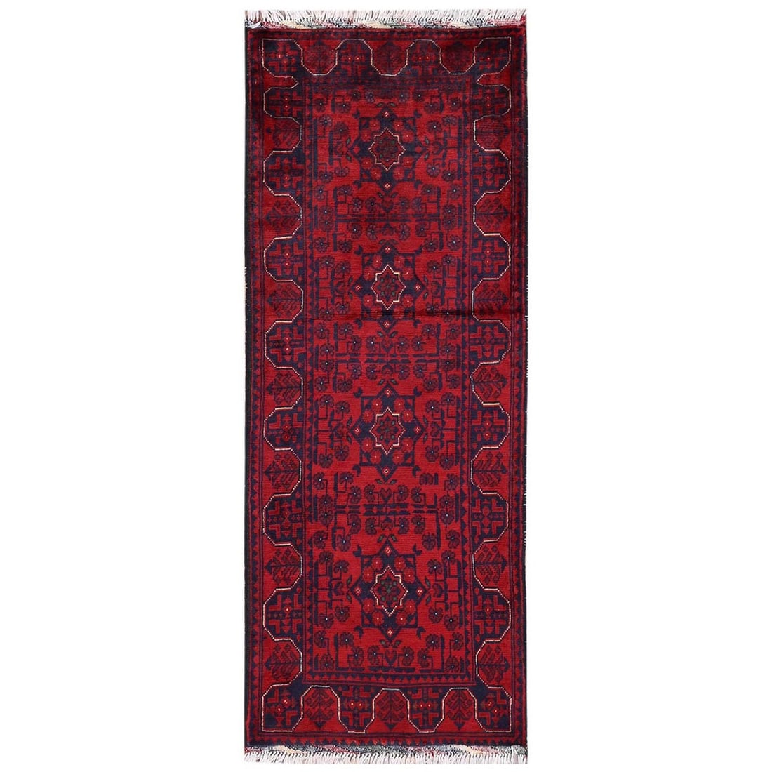 Afghan Hand Knotted Red Andkhoy Wool Runner 1'10"x5: Afghan Hand Knotted Red Andkhoy Wool Runner 1'10"x5 Hand-knotted in vibrant red wool, this stunning Afghan Andkhoy runner boasts an all-over regional design that showcases the rich cultural heritage o