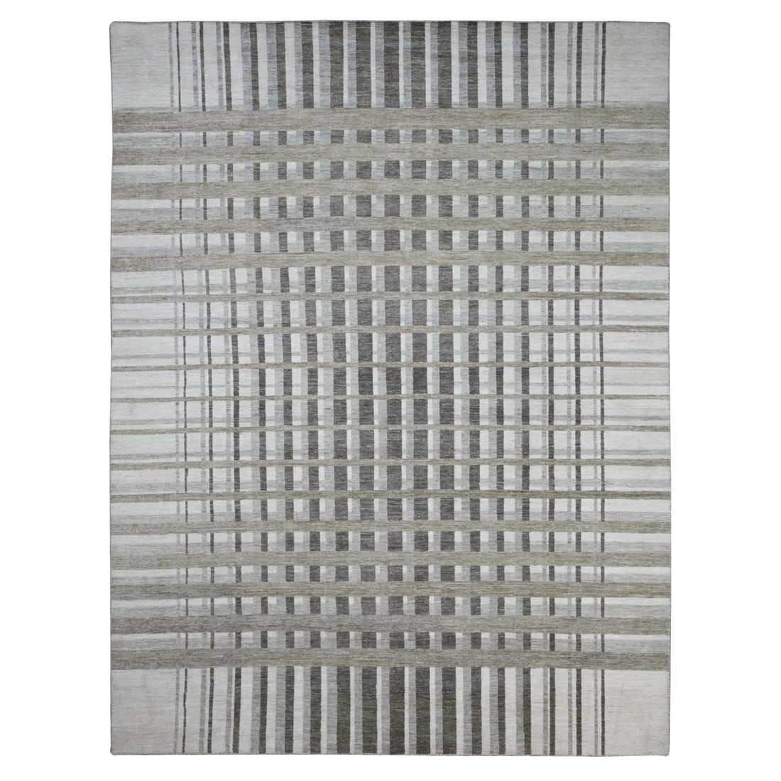 8'8"x11'8" Brown Bauhaus Inspired Line Design Hand Knotted Pure Wool Rug: 8'8"x11'8" Brown Bauhaus Inspired Line Design Hand Knotted Pure Wool Rug Brown Bauhaus Inspired Line Design Hand Knotted Pure Wool Rug features a striking geometric pattern in a rich brown color, craf