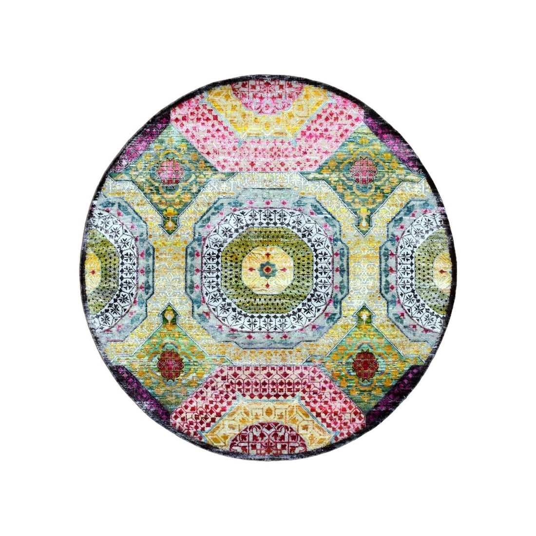 6'1"x6'1" Yellow Hand Knotted Mamluk Design Silk-Wool Round Oriental Rug (1 of 8)