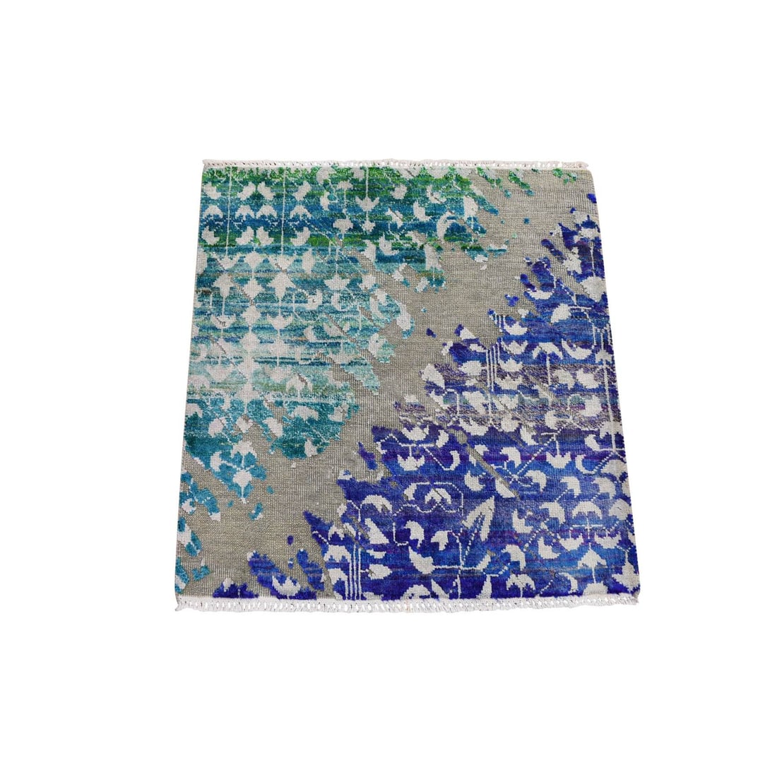 2'x2' Sample Gray Sari Silk With Textured Wool Hand Knotted Oriental Rug (1 of 5)