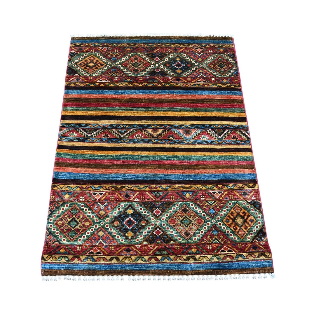 Colorful Afghan Super Kazak Khorjin Design Hand Knotted Wool Mat Rug: Colorful Afghan Super Kazak Khorjin Design Hand Knotted Wool Mat Rug Colorful and vibrant, this hand-knotted wool mat rug boasts an all-over Kazak design in a stunning array of multicolored hues, incl