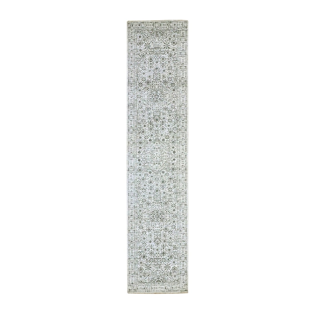 Ivory Pre Historic Mamluk Design Hand Knotted Wool Runner Rug 2'7"x12: Ivory Pre Historic Mamluk Design Hand Knotted Wool Runner Rug 2'7"x12 Hand-knotted with intricate Mamluk design, this 2'7"x12'0" wool runner rug boasts a timeless ivory color and subtle geometric patt