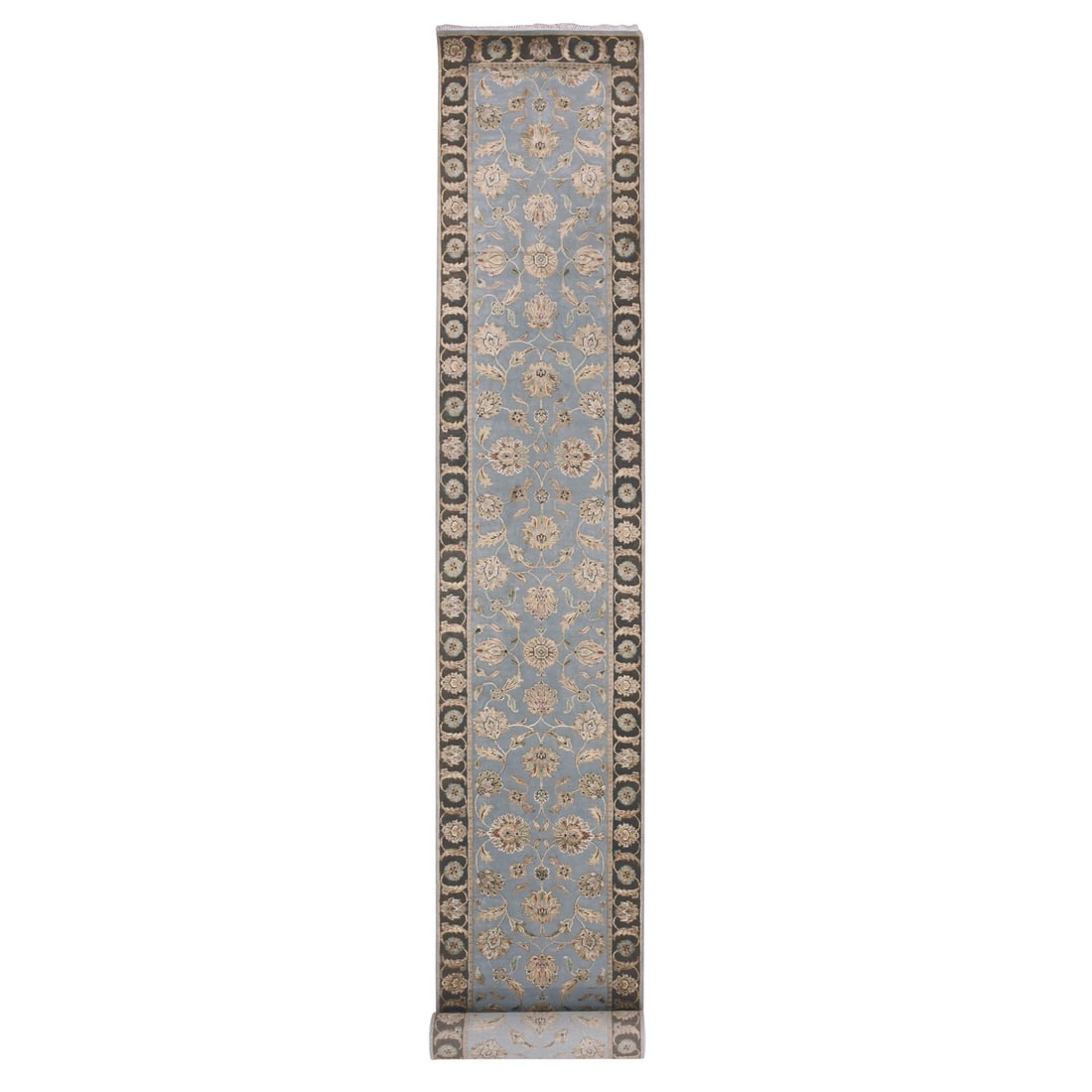 2'8"x20'8" Gray Hand Knotted Rajasthan Design Wool and Silk XL Runner Rug: 2'8"x20'8" Gray Hand Knotted Rajasthan Design Wool and Silk XL Runner Rug The 2'8"x20'8" Gray Hand Knotted Rajasthan Design Wool and Silk XL Runner Rug is a stunning example of traditional Indian craf