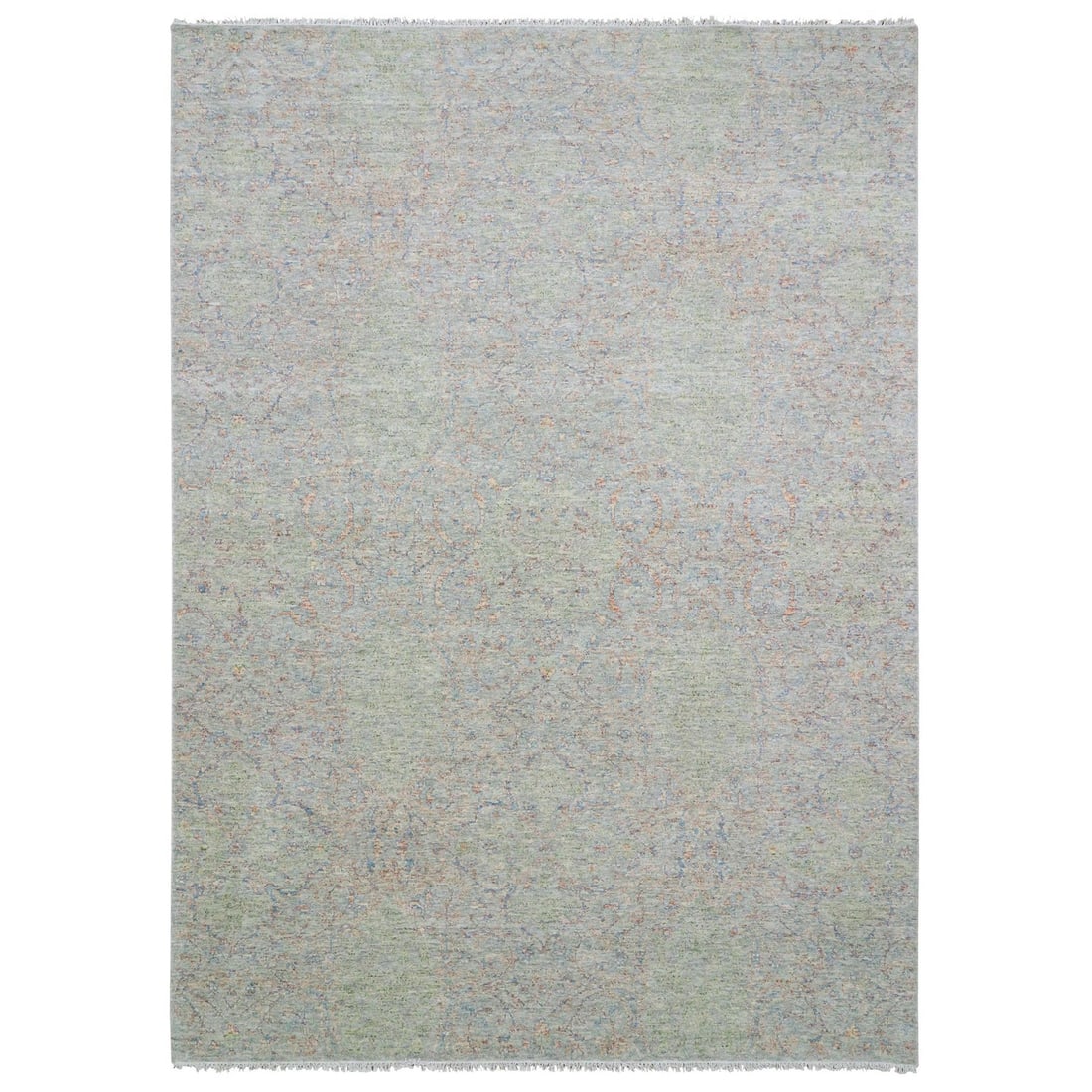 10'x14' Obscured and Subtle Collection, Wool Hand Knotted Oriental Rug: 10'x14' Obscured and Subtle Collection, Wool Hand Knotted Oriental Rug This 10'x14' hand-knotted wool rug boasts a subtle, green field with intricate patterns in blue, beige, and rust, creating a uniq