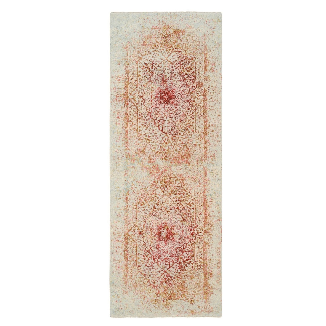 4'x11'9" Hand Knotted Pink Farsian Design Wool and Silk Wide Runner Rug: 4'x11'9" Hand Knotted Pink Farsian Design Wool and Silk Wide Runner Rug Hand-knotted with wool and silk, this 4'0" x 11'9" pink Farsian design rug boasts a vibrant field color and intricate pattern. M